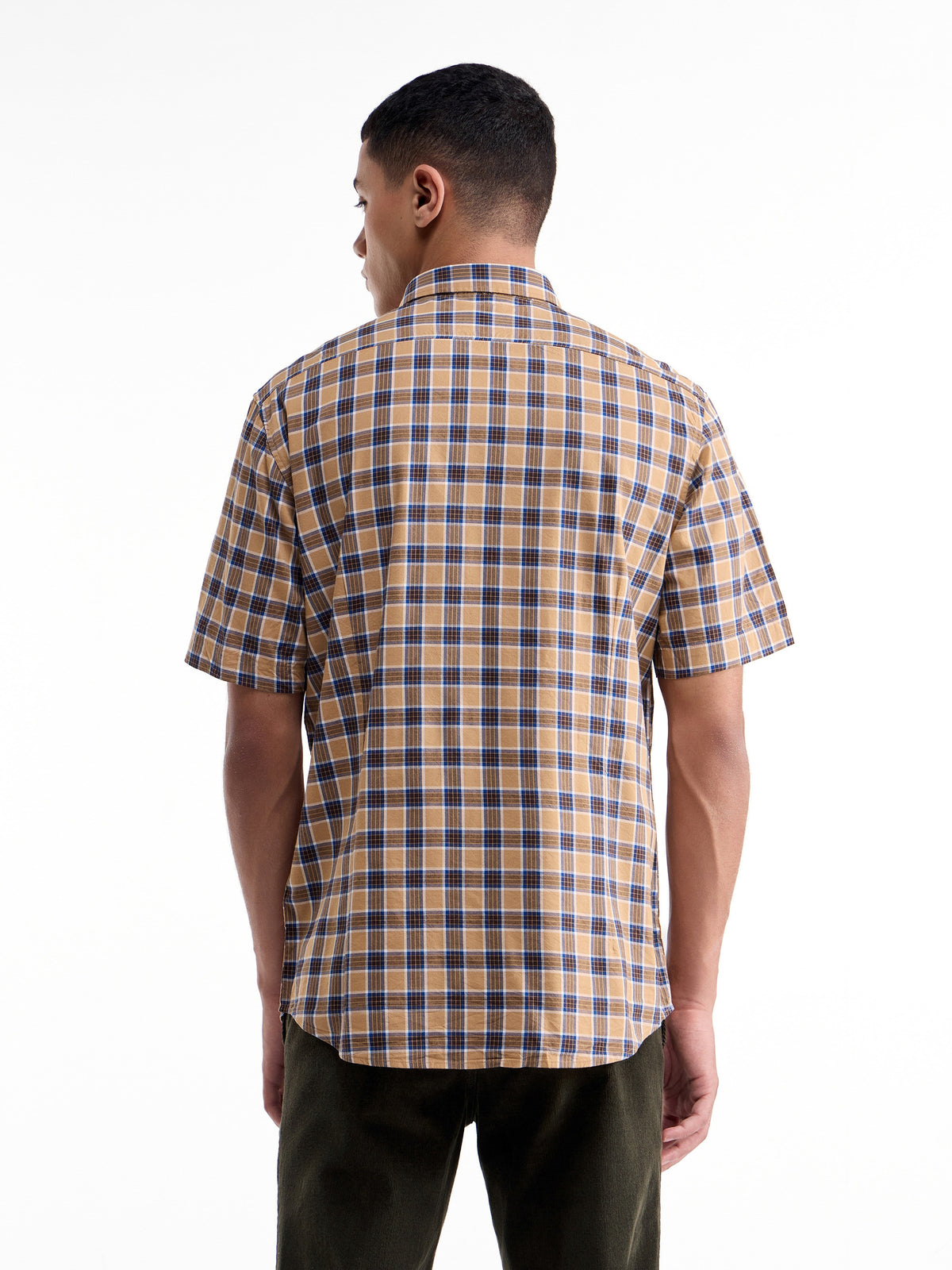 Check Half Sleeve Cotton Viscose Shirt - Khaki t4option_0