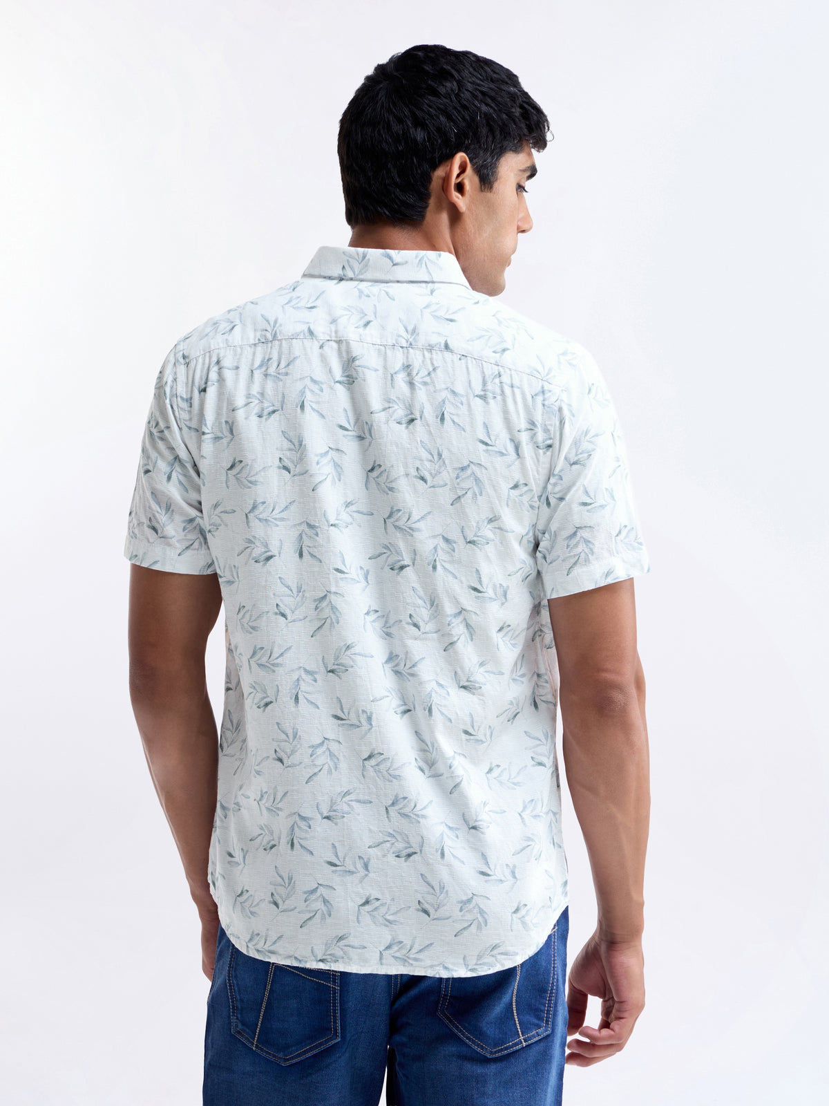 Printed Half Sleeve Cotton Shirt - Blue t4option_0