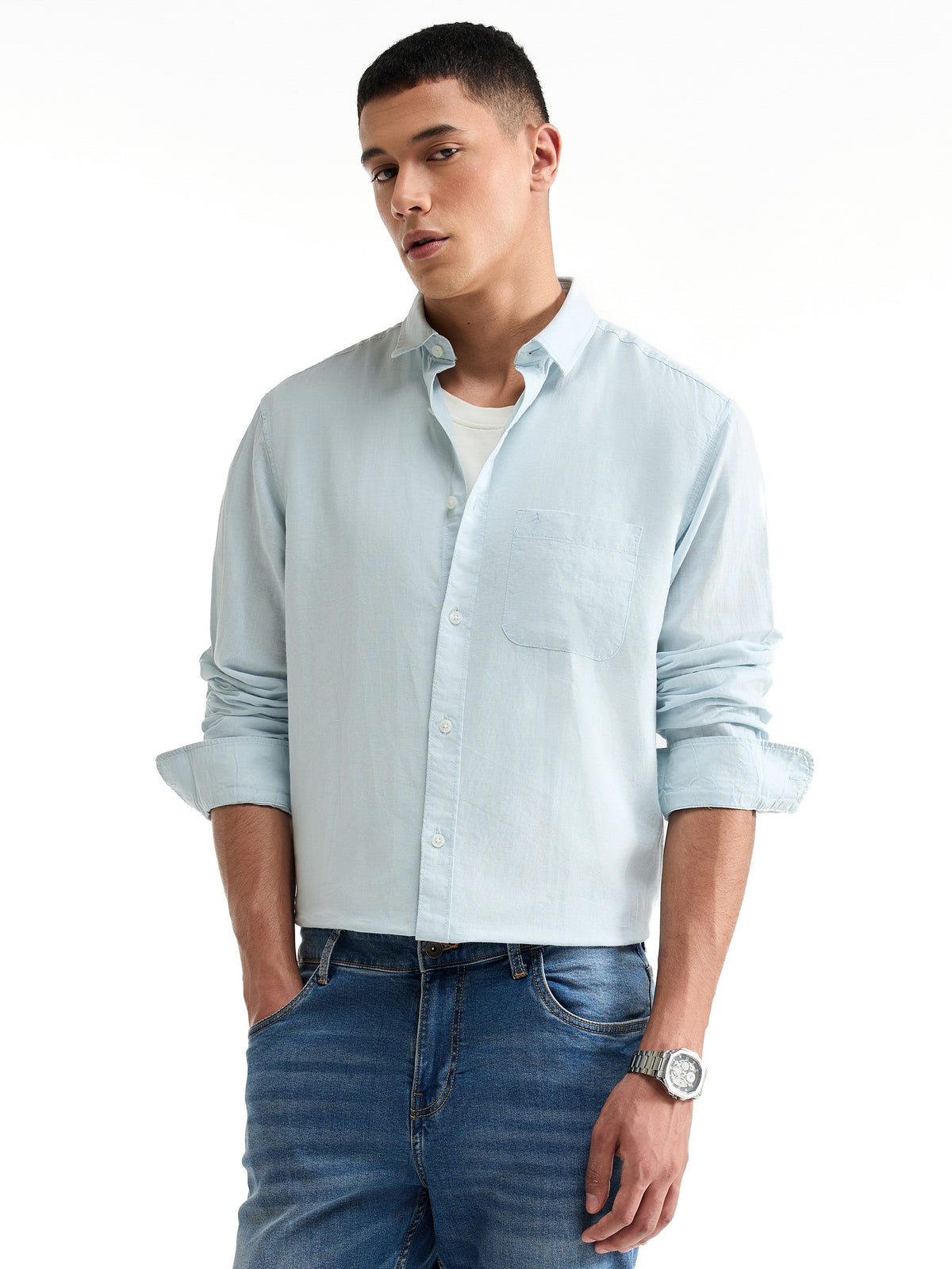 Solid Full Sleeve Cotton Blend Shirt - Sky t4option_0