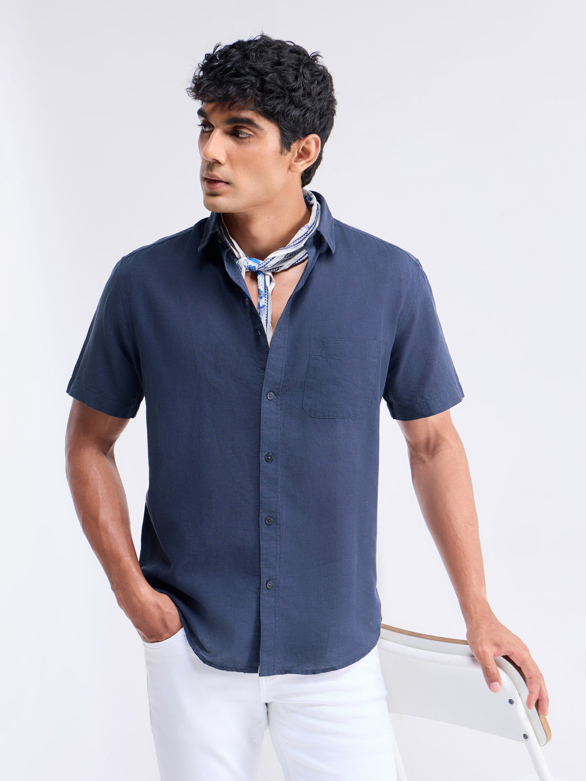 Solid Half Sleeve Cotton Linen Shirt - Navy t4option_3