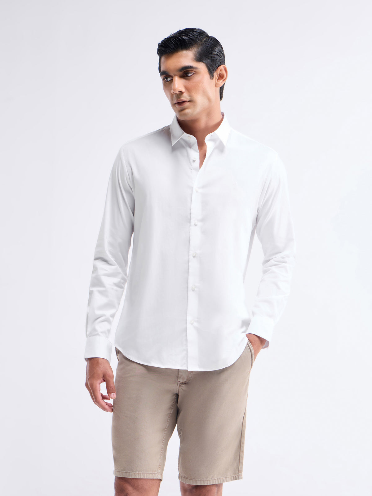 Solid Full Sleeve Poly Stretch Shirt - White t4option_0