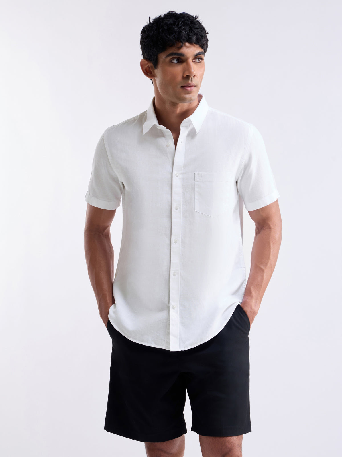 Solid Half Sleeve Cotton Linen Shirt - White t4option_1