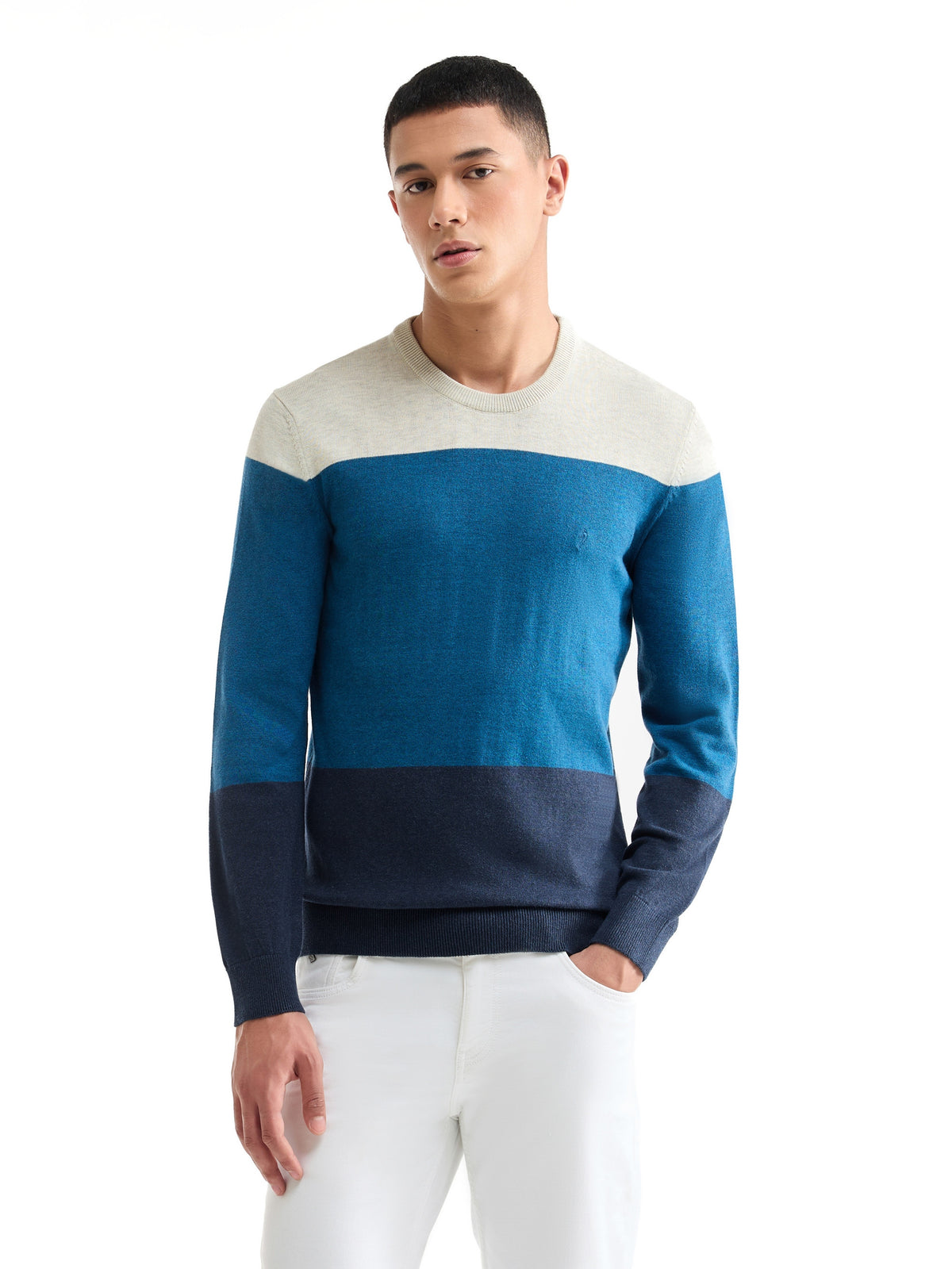 Striped Full Sleeve Crew Neck Sweater - Blue t4option_0