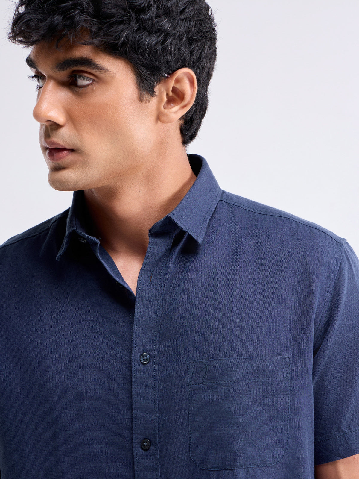 Solid Half Sleeve Cotton Linen Shirt - Navy t4option_3