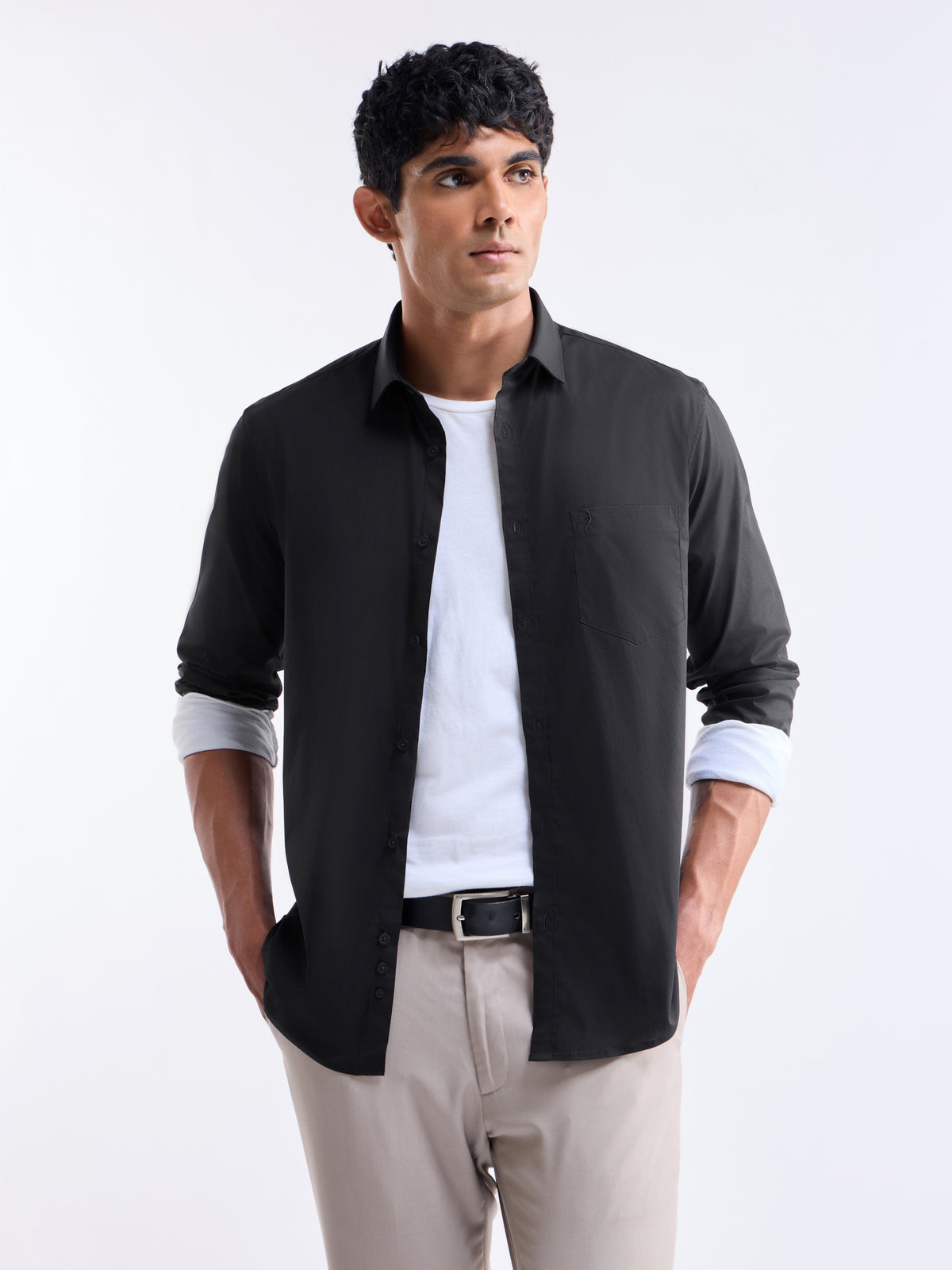 Solid Full Sleeve Cotton Stretch Shirt - Black t4option_0