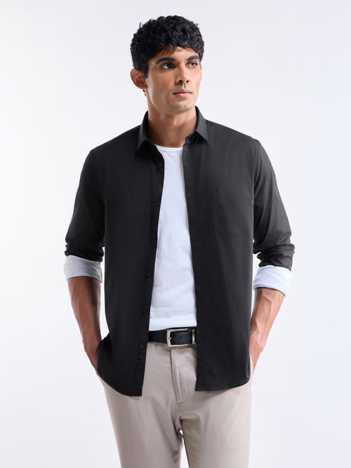 Solid Full Sleeve Cotton Stretch Shirt - Black t4option_0