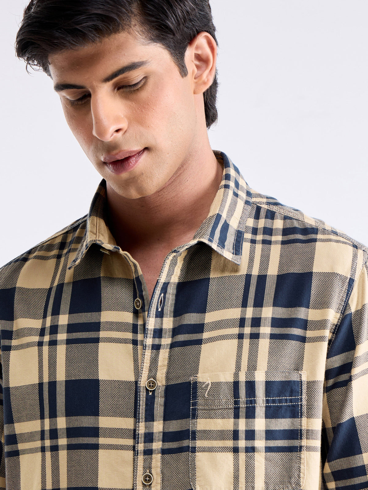 Check Full Sleeve Cotton Shirt - Lt Khaki t4option_0