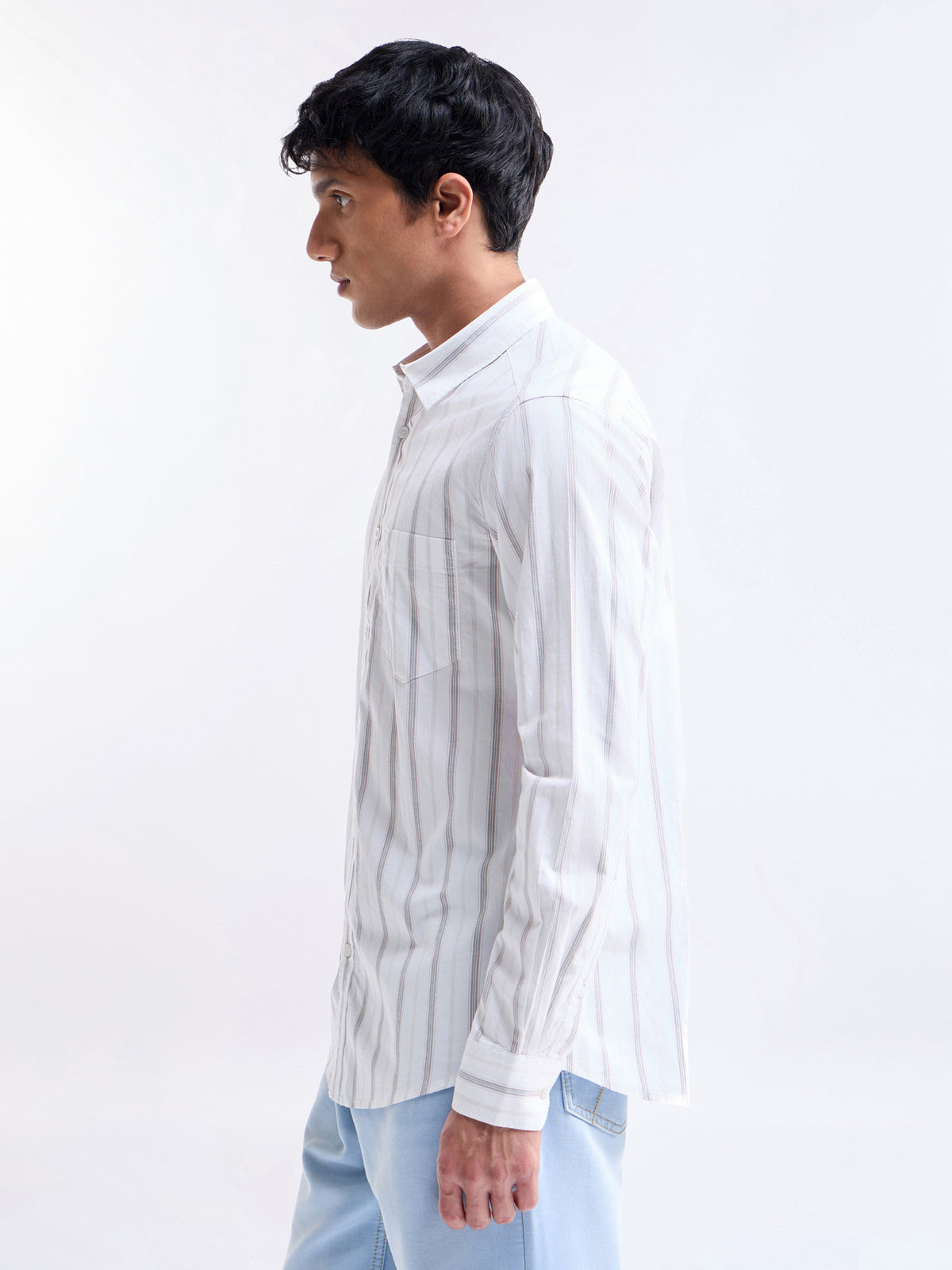 Striped Full Sleeve Cotton Shirt - Khaki t4option_0