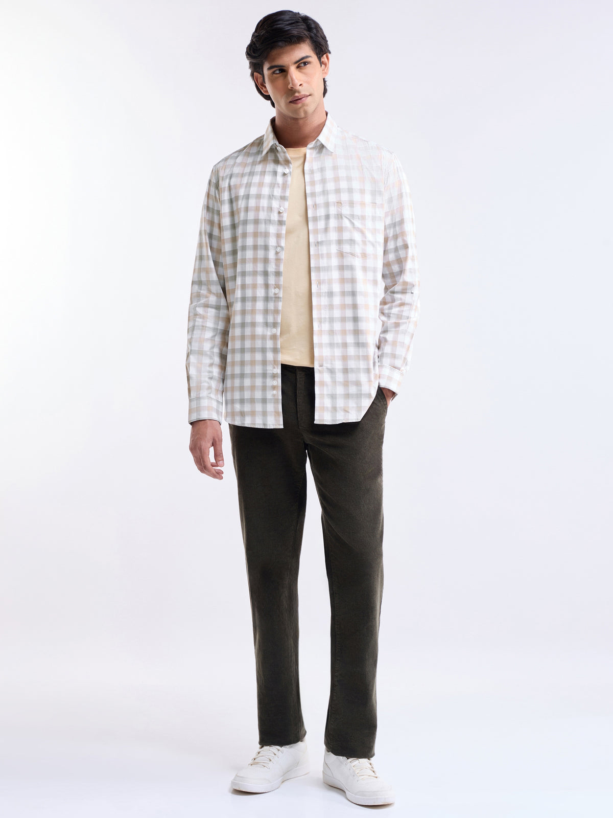Check Full Sleeve Cotton Shirt - Khaki t4option_0