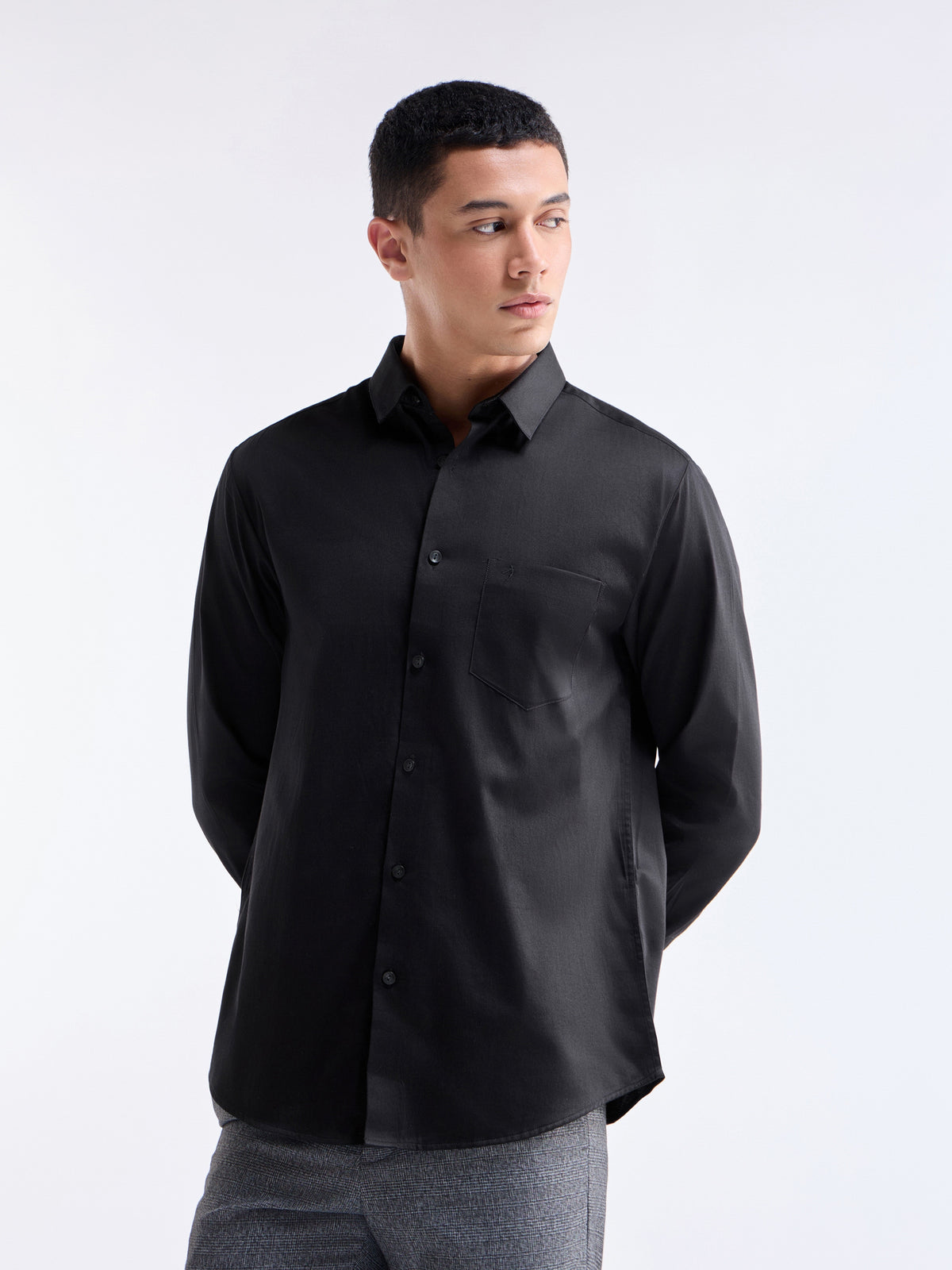 Solid Full Sleeve Cotton Stretch Shirt - Black t4option_2