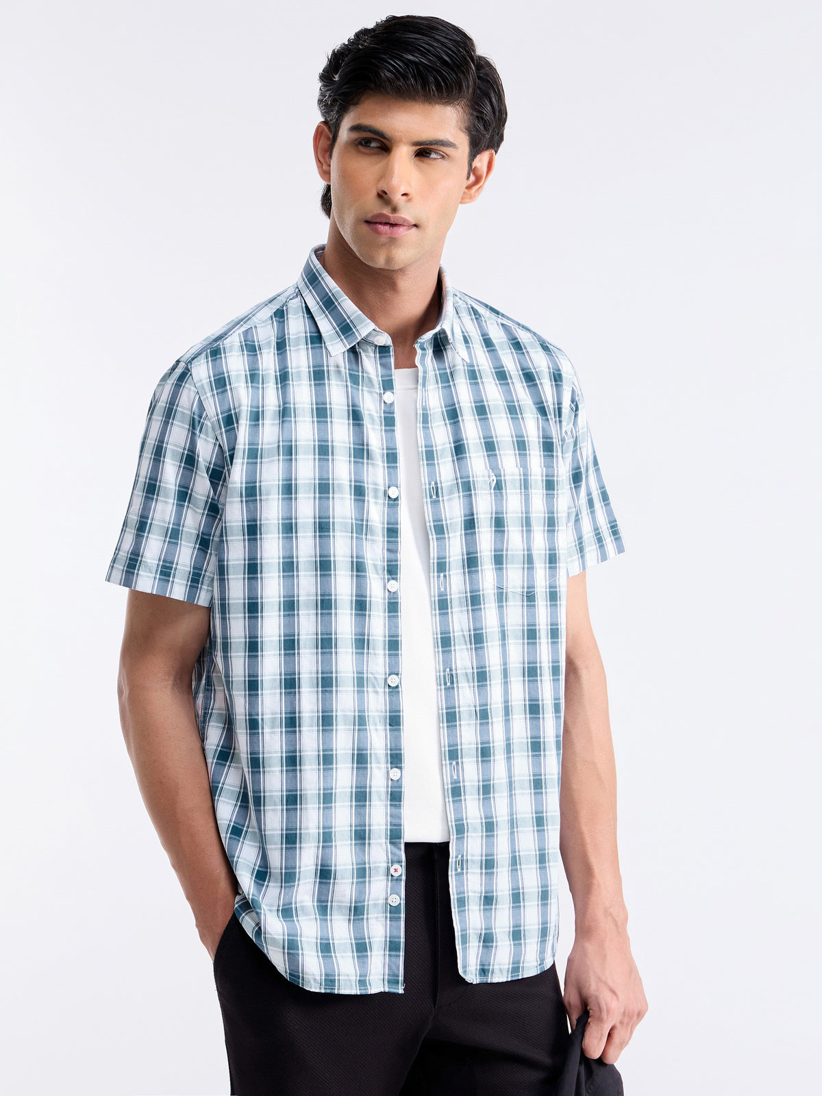 Check Half Sleeve Cotton Shirt - Sky t4option_0