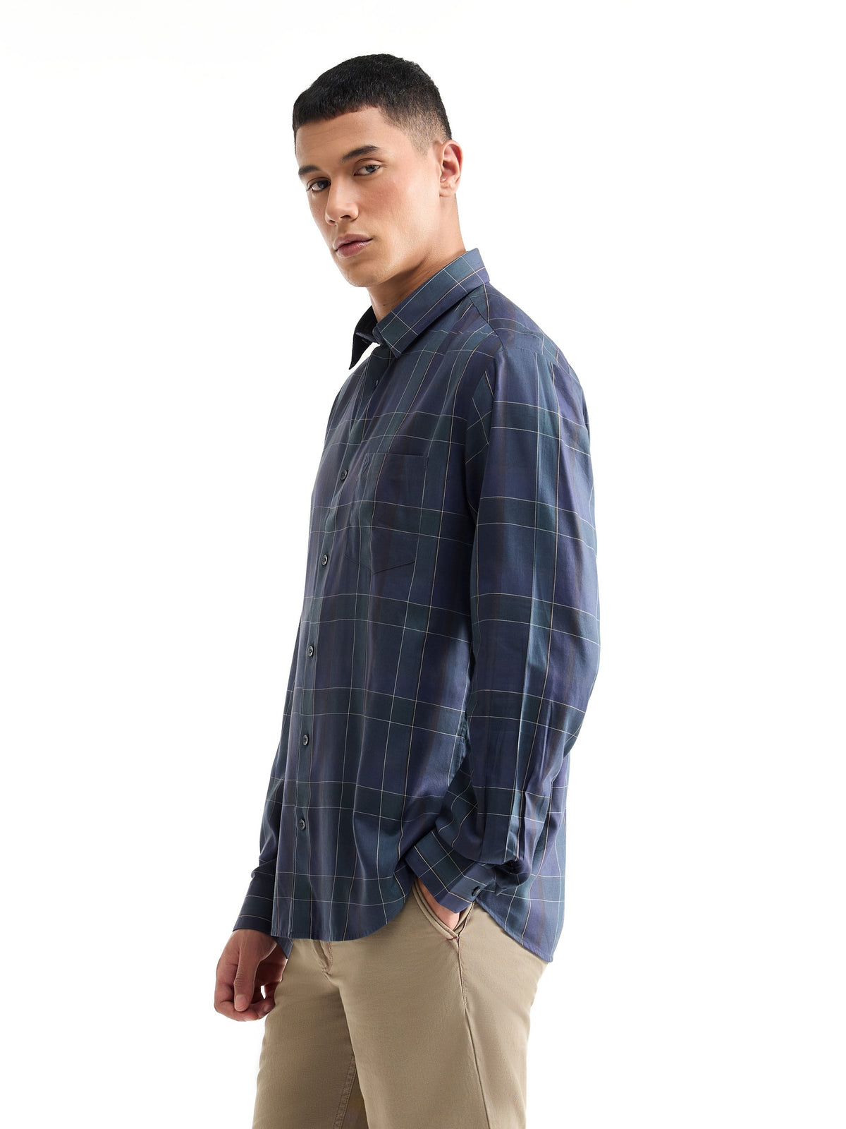 Check Full Sleeve Cotton Modal Shirt - Pine t4option_0