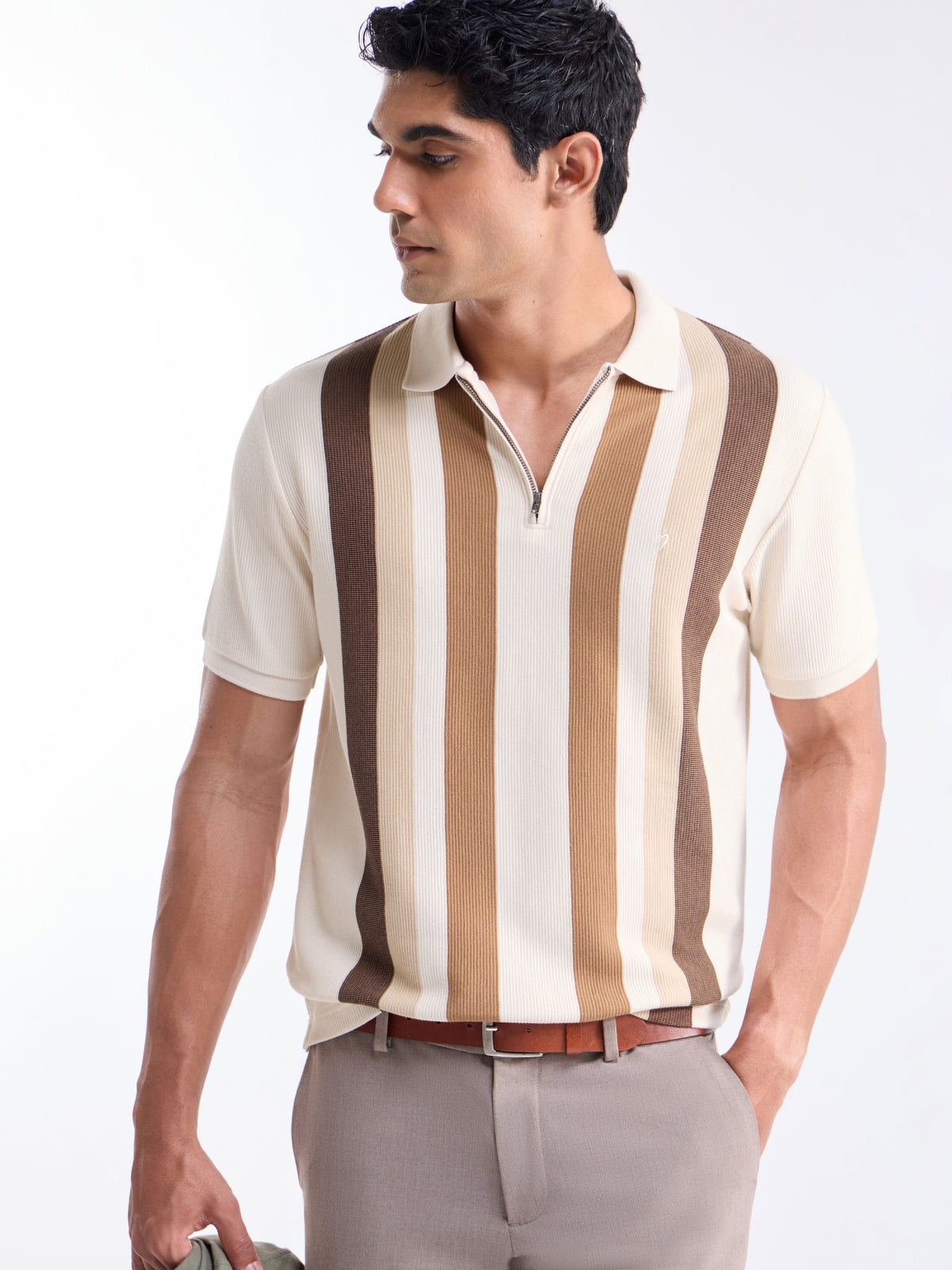 Striped Half Sleeve Regular Fit Polo T-Shirt - Ecru t4option_0