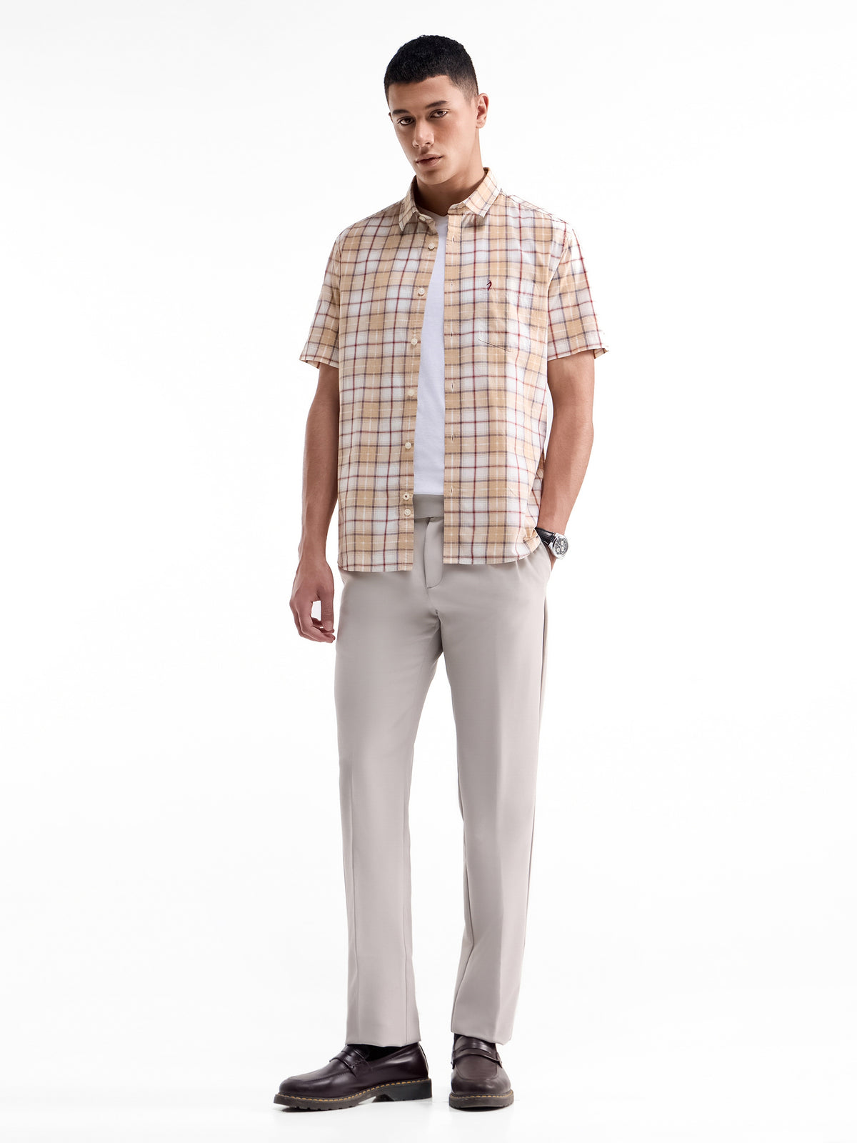 Check Half Sleeve Cotton Shirt - Khaki t4option_0