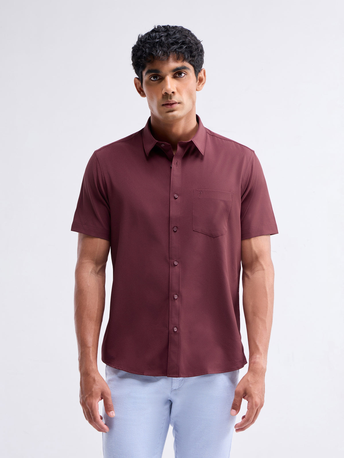 Solid Half Sleeve Poly Blend Shirt - Burgundy t4option_0