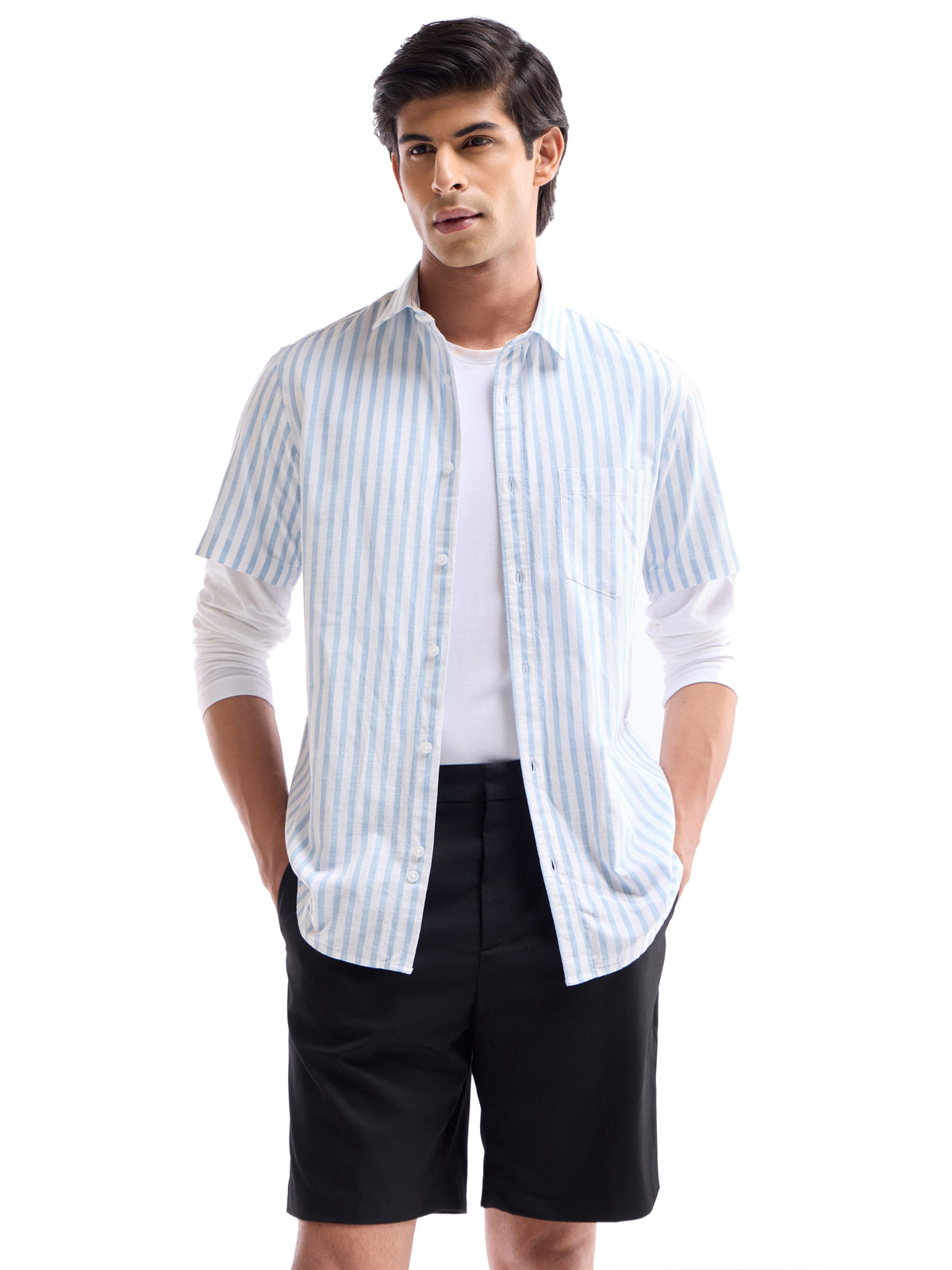 Striped Half Sleeve Cotton Shirt - Sky t4option_2