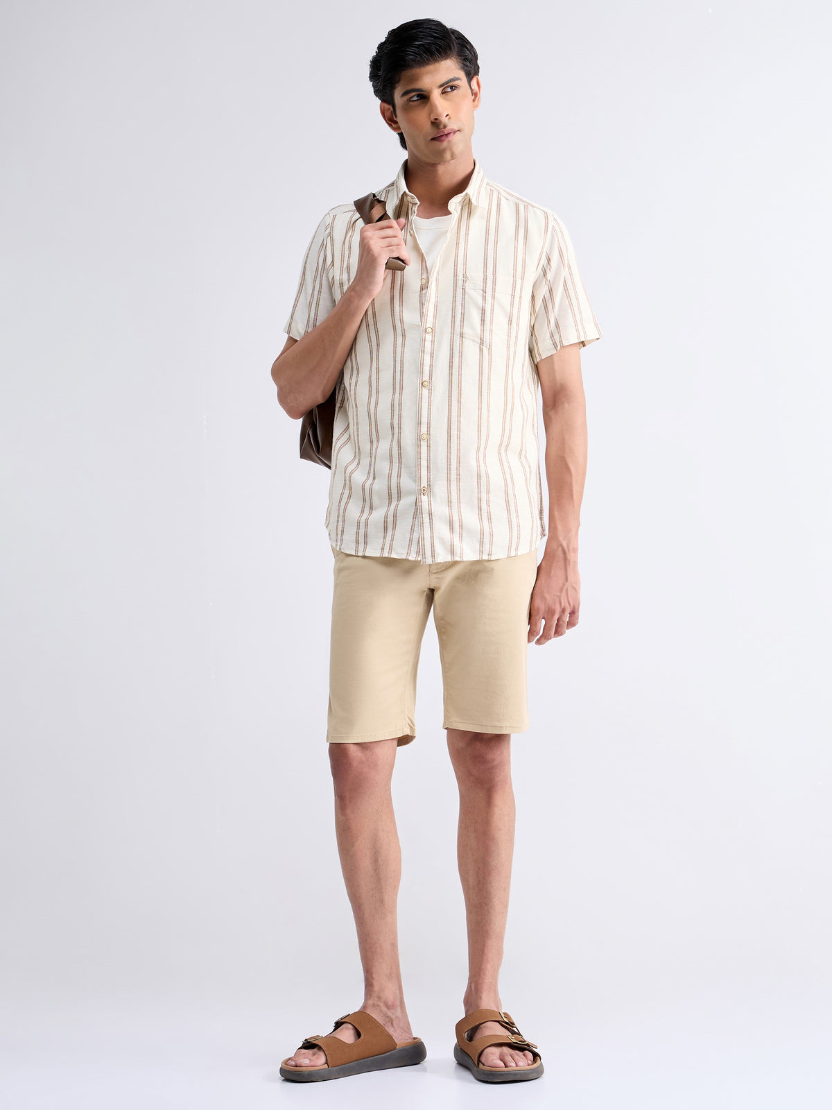 Striped Half Sleeve Cotton Shirt - Beige t4option_0