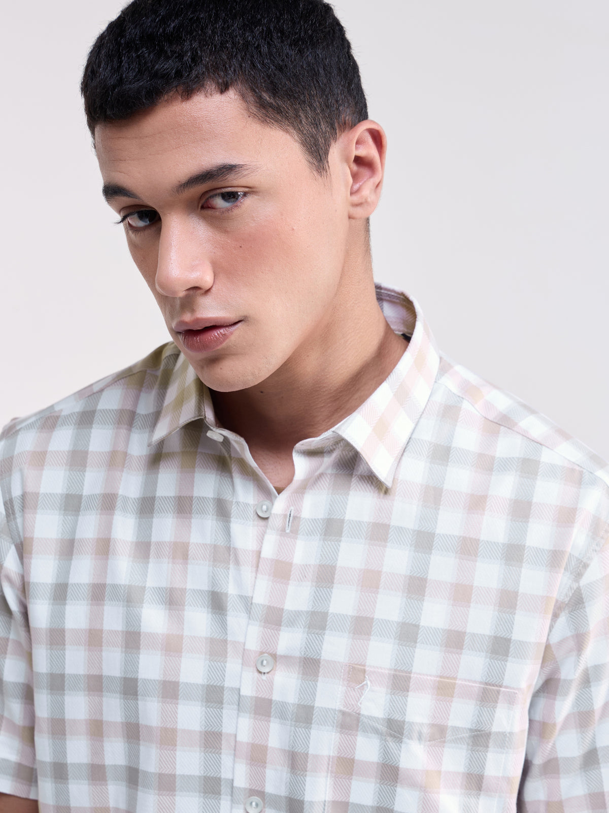 Check Half Sleeve Cotton Shirt - Khaki t4option_0