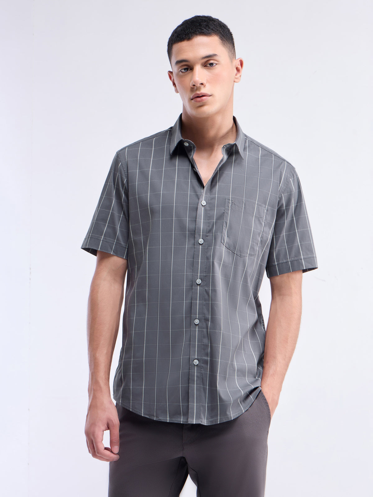 Check Half Sleeve Poly Blend Shirt - Grey t4option_0