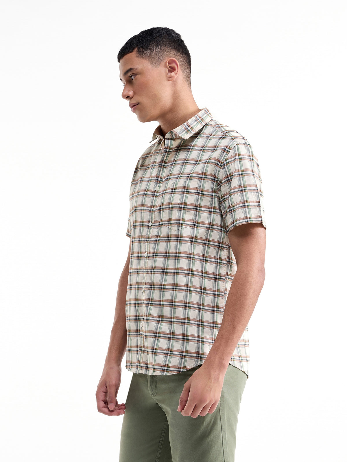 Check Half Sleeve Cotton Shirt - Ecru t4option_0