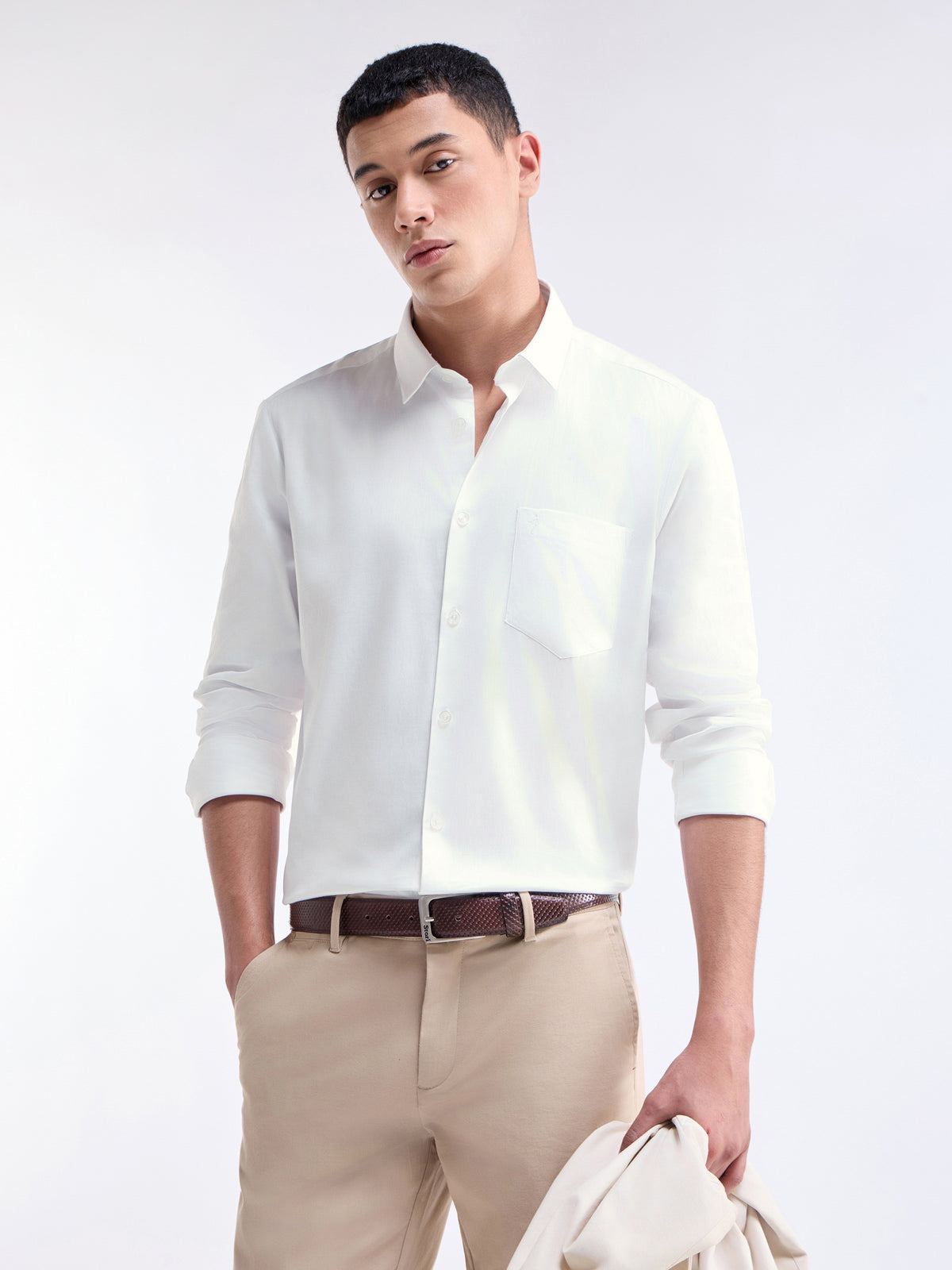 Solid Full Sleeve Cotton Stretch Shirt - White t4option_1