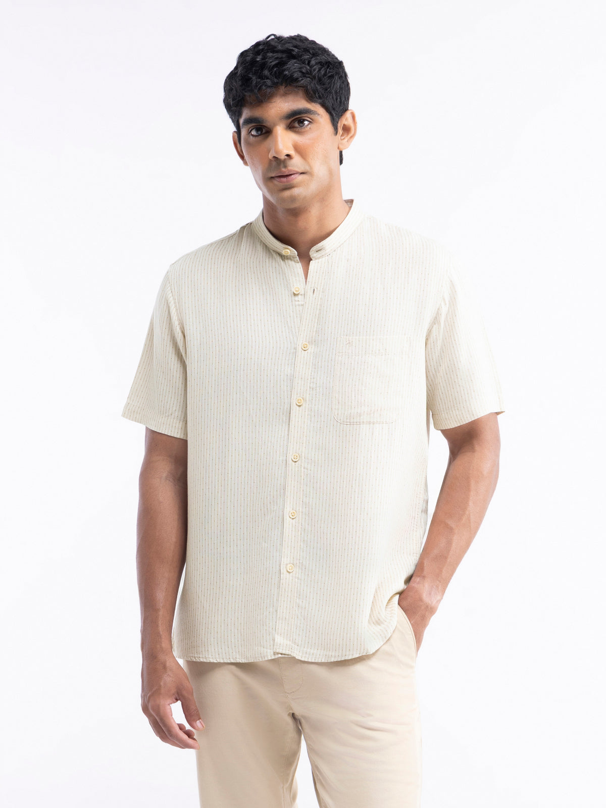 Printed Half Sleeve Viscose Linen Shirt - Ecru t4option_0