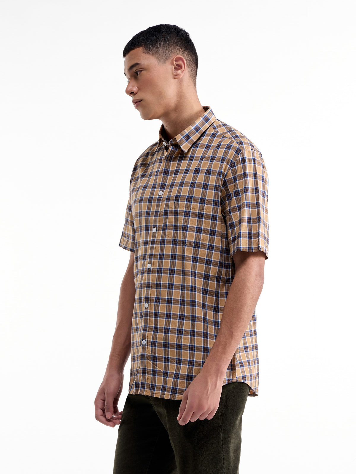 Check Half Sleeve Cotton Viscose Shirt - Khaki t4option_0