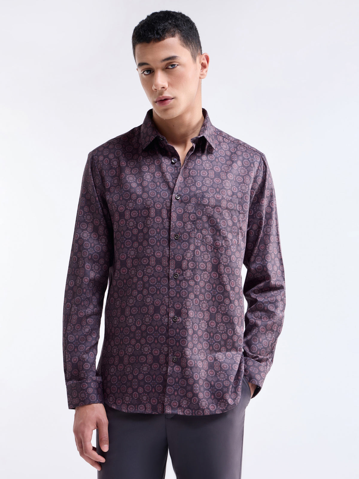 Printed Full Sleeve Cotton Shirt - Wine t4option_0