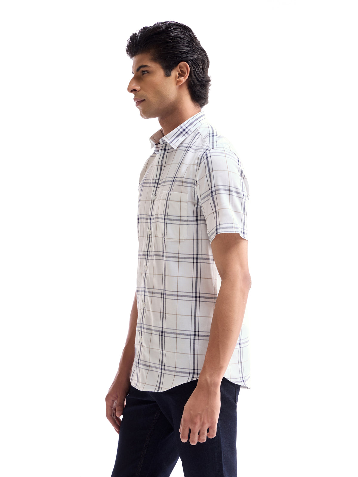 Check Half Sleeve Cotton Shirt - White t4option_0