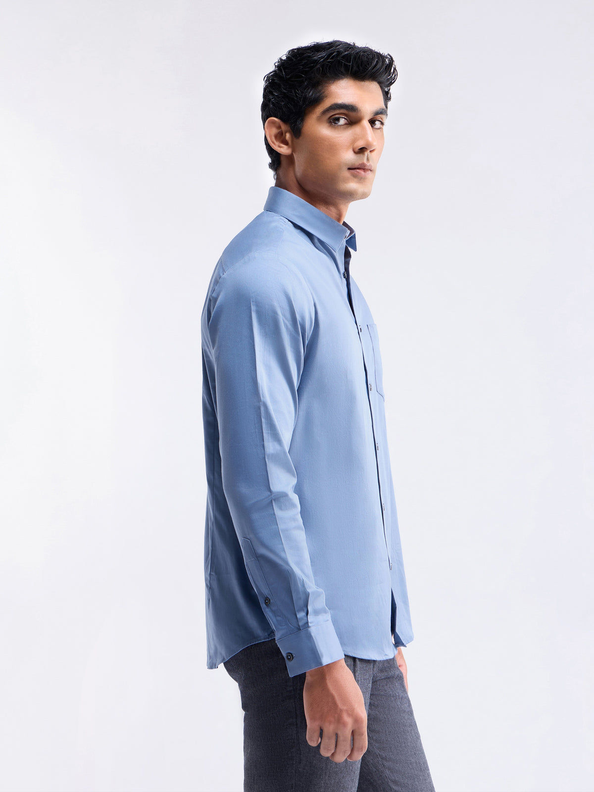Solid Full Sleeve Cotton Stretch Shirt - Blue t4option_3