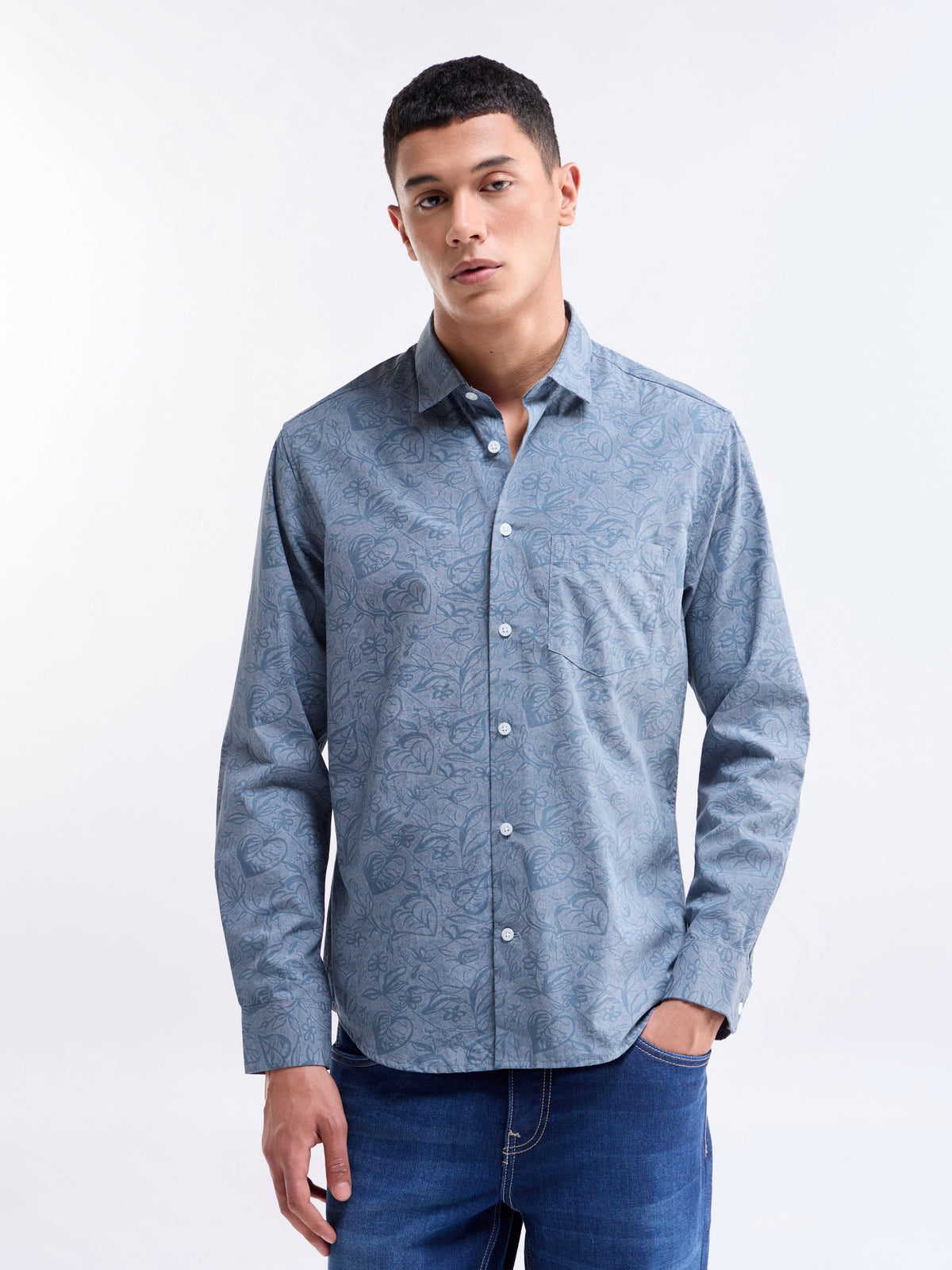 Printed Full Sleeve Cotton Shirt - Blue t4option_0