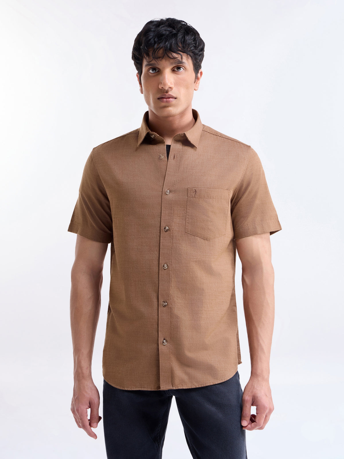 Solid Half Sleeve Cotton Shirt - Clay Mel t4option_0