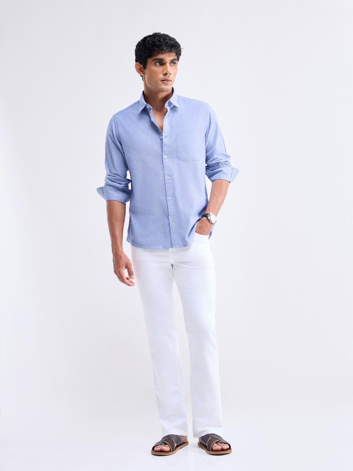 Solid Full Sleeve Cotton Stretch Shirt - Dark Blue t4option_2