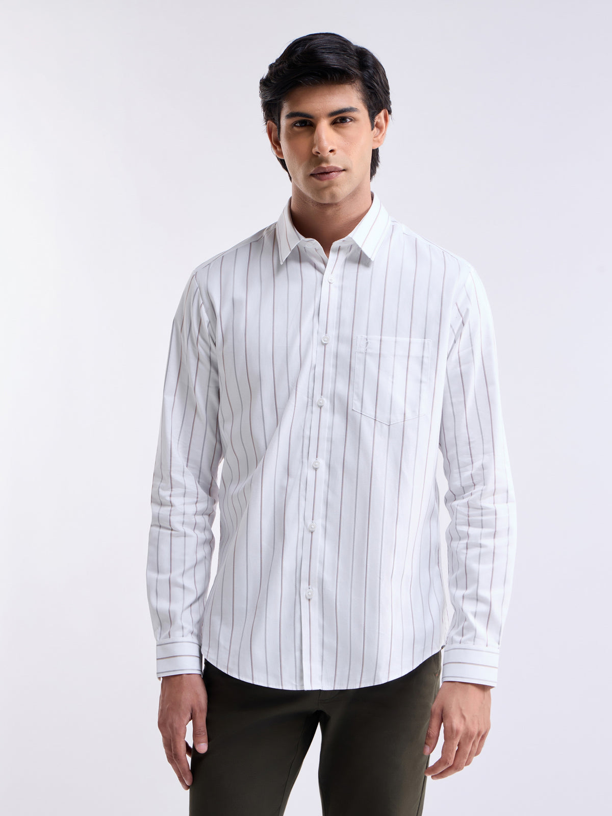 Striped Full Sleeve Cotton Shirt - White t4option_0