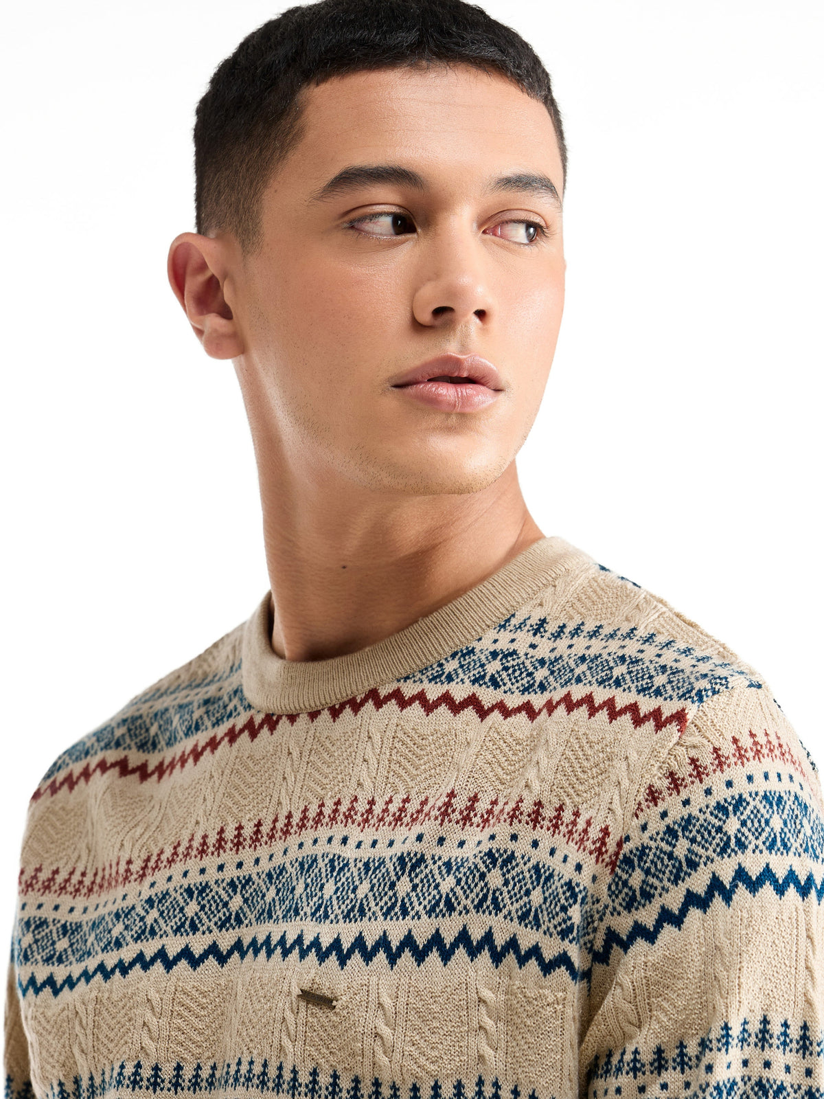 Jacquard Full Sleeve Jumper Sweater - Ecru t4option_0