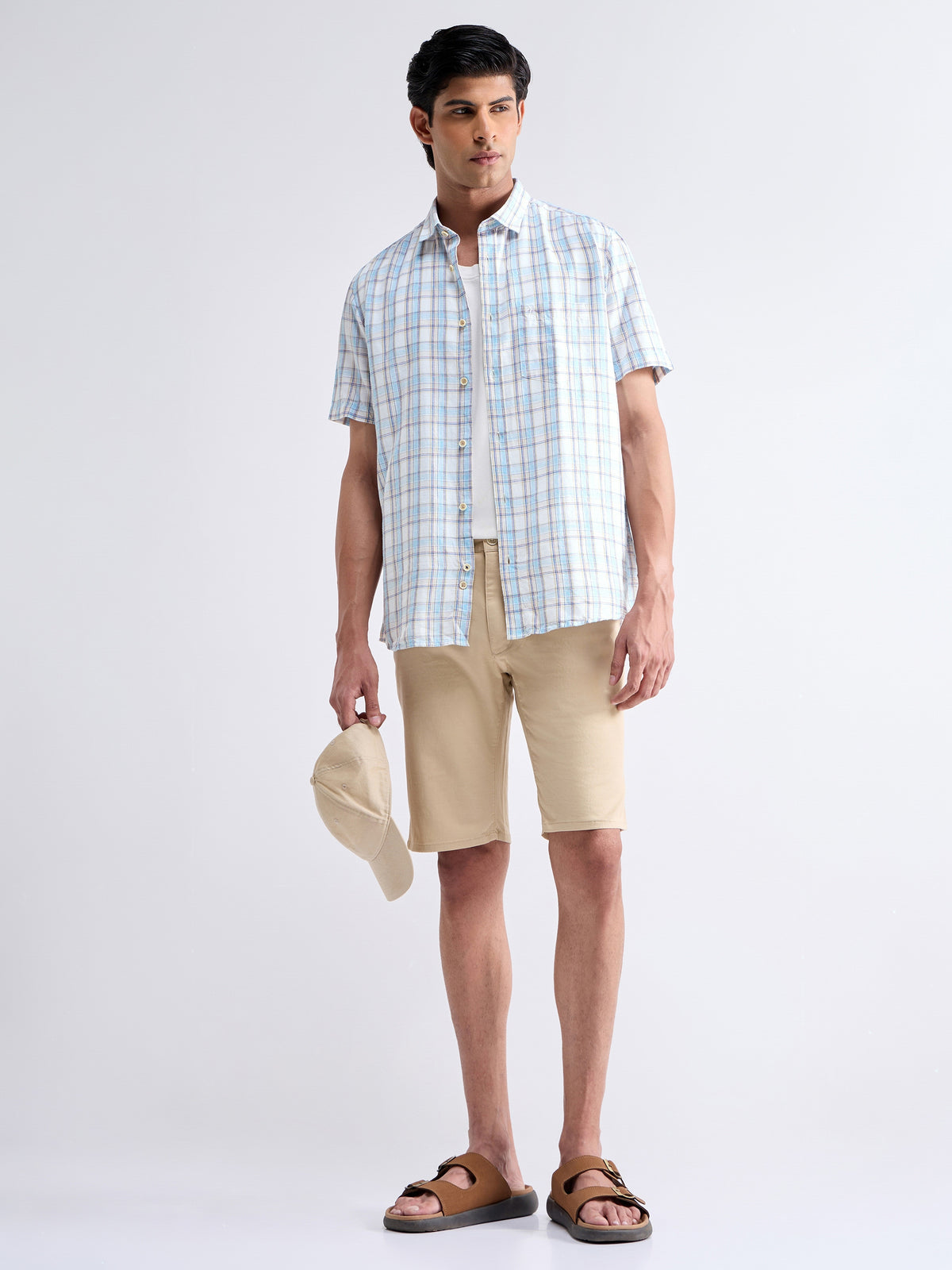 Check Half Sleeve Cotton Linen Shirt - Khaki t4option_0