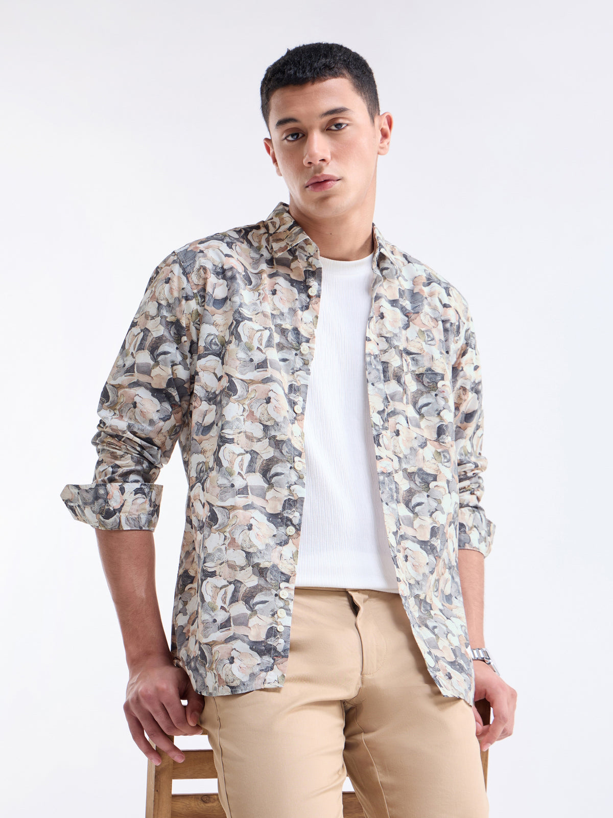 Printed Full Sleeve Cotton Shirt - Gasoline t4option_0