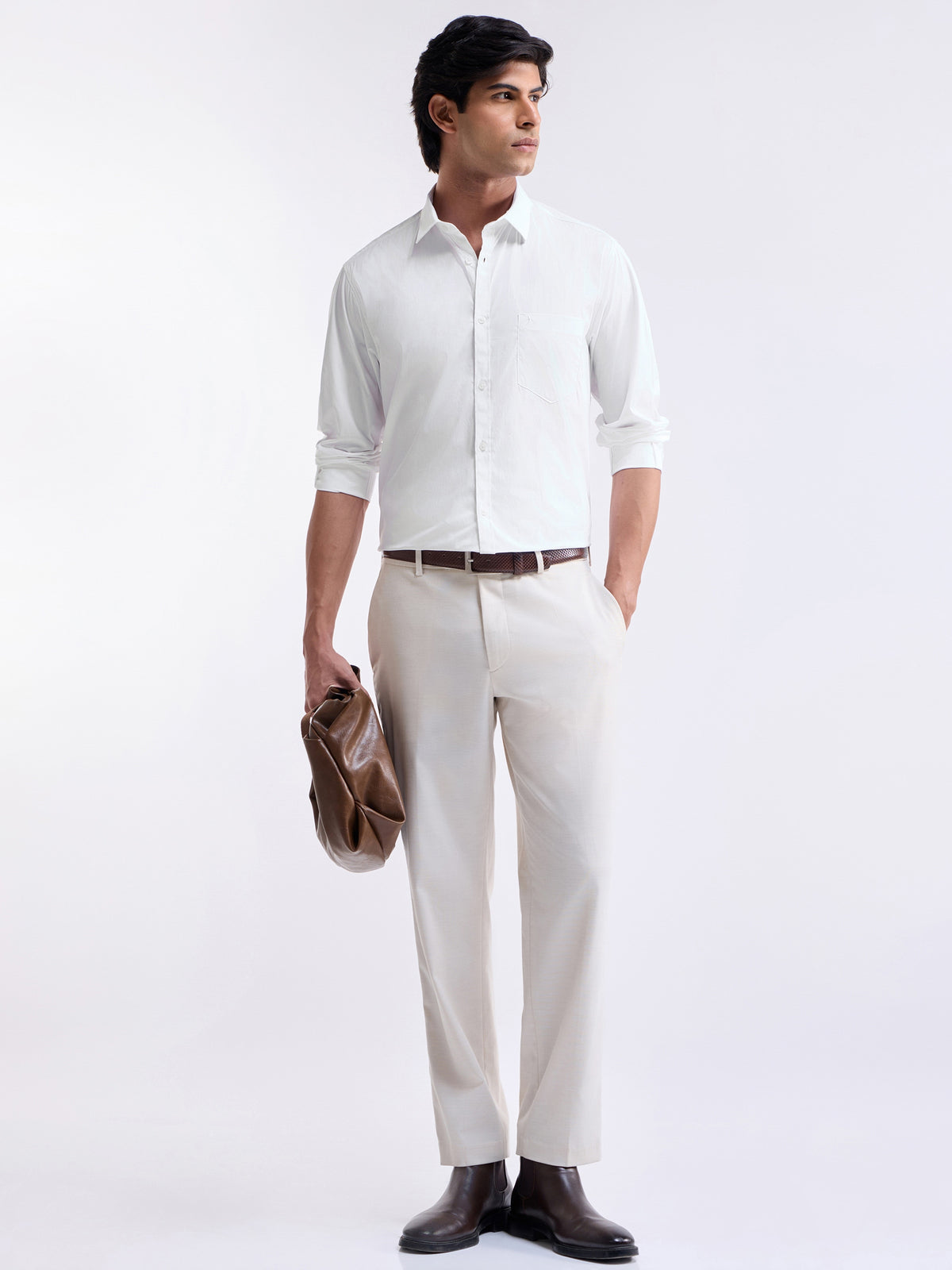 Solid Full Sleeve Cotton Stretch Shirt - White t4option_2