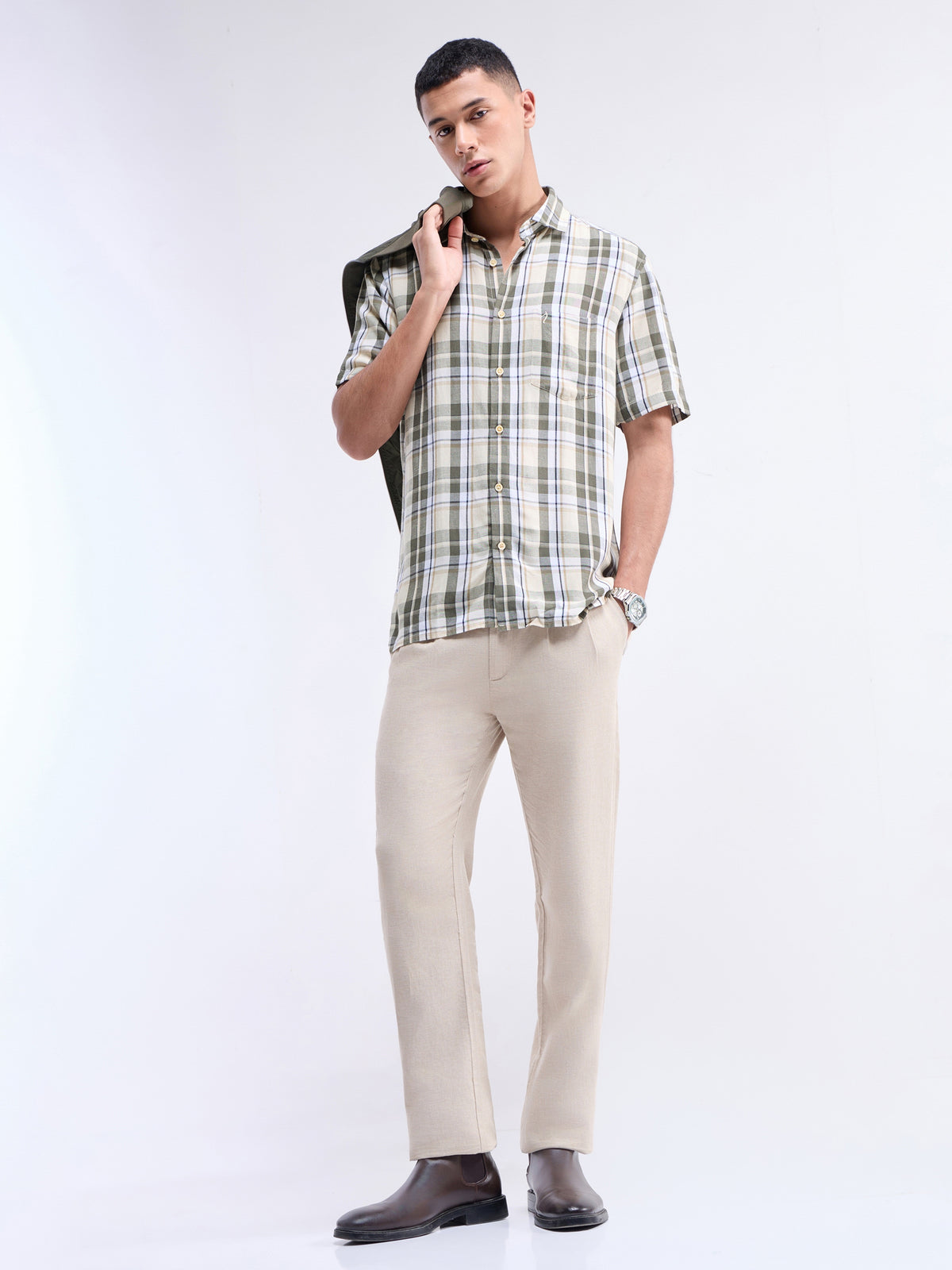 Check Half Sleeve Viscose Linen Shirt - Sap t4option_0