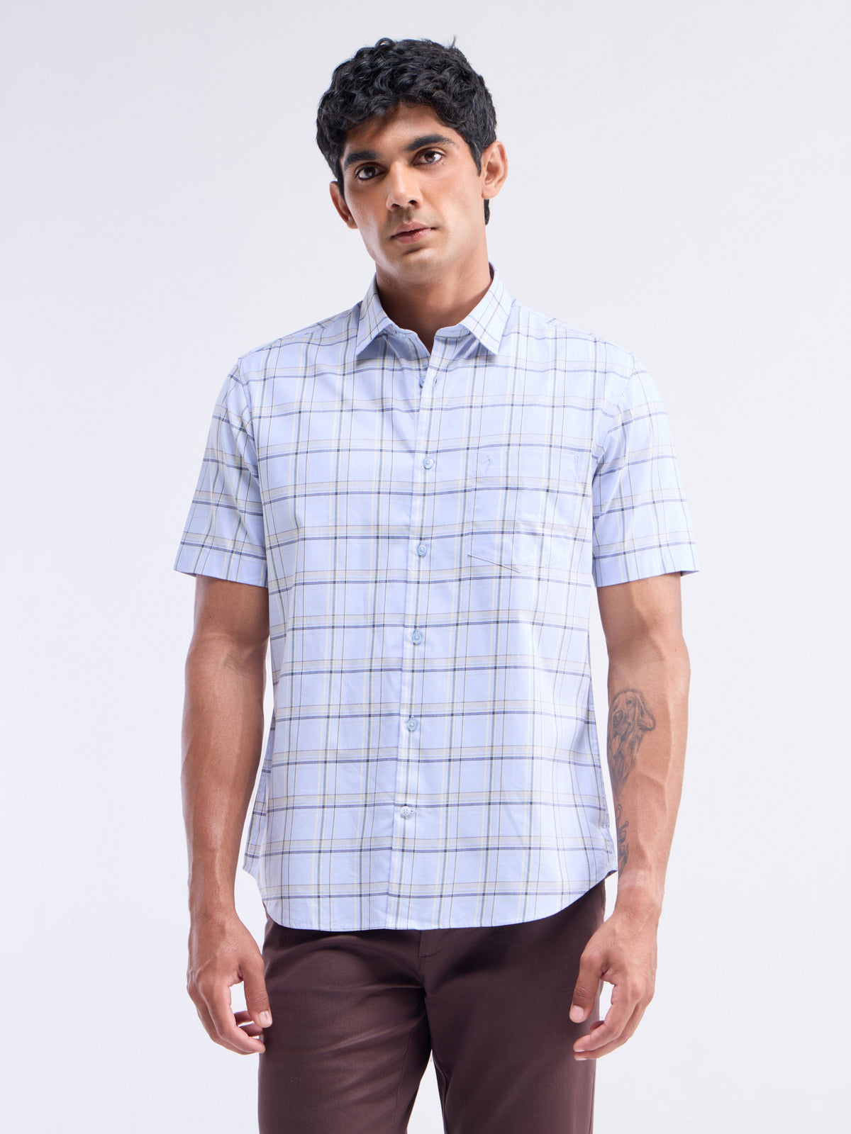 Check Half Sleeve Cotton Shirt - Sky t4option_1