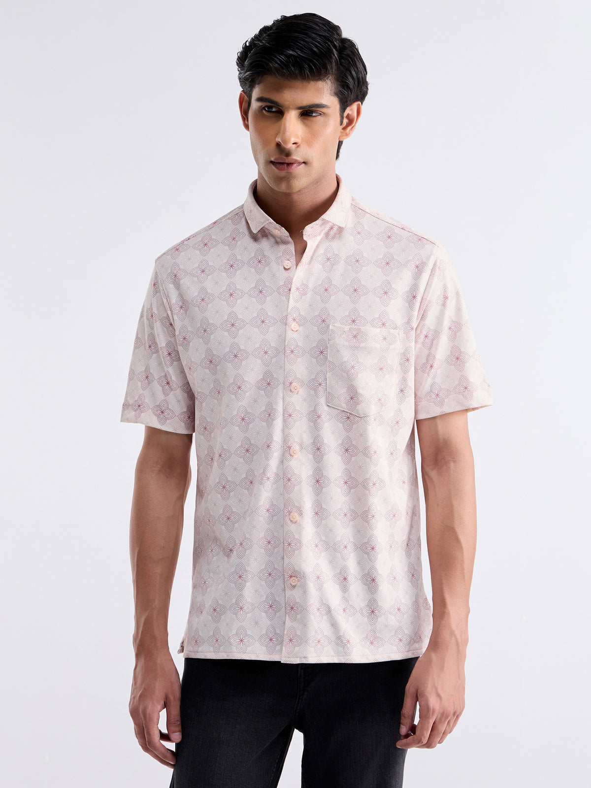 Printed Half Sleeve Cotton Shirt - Ecru t4option_1