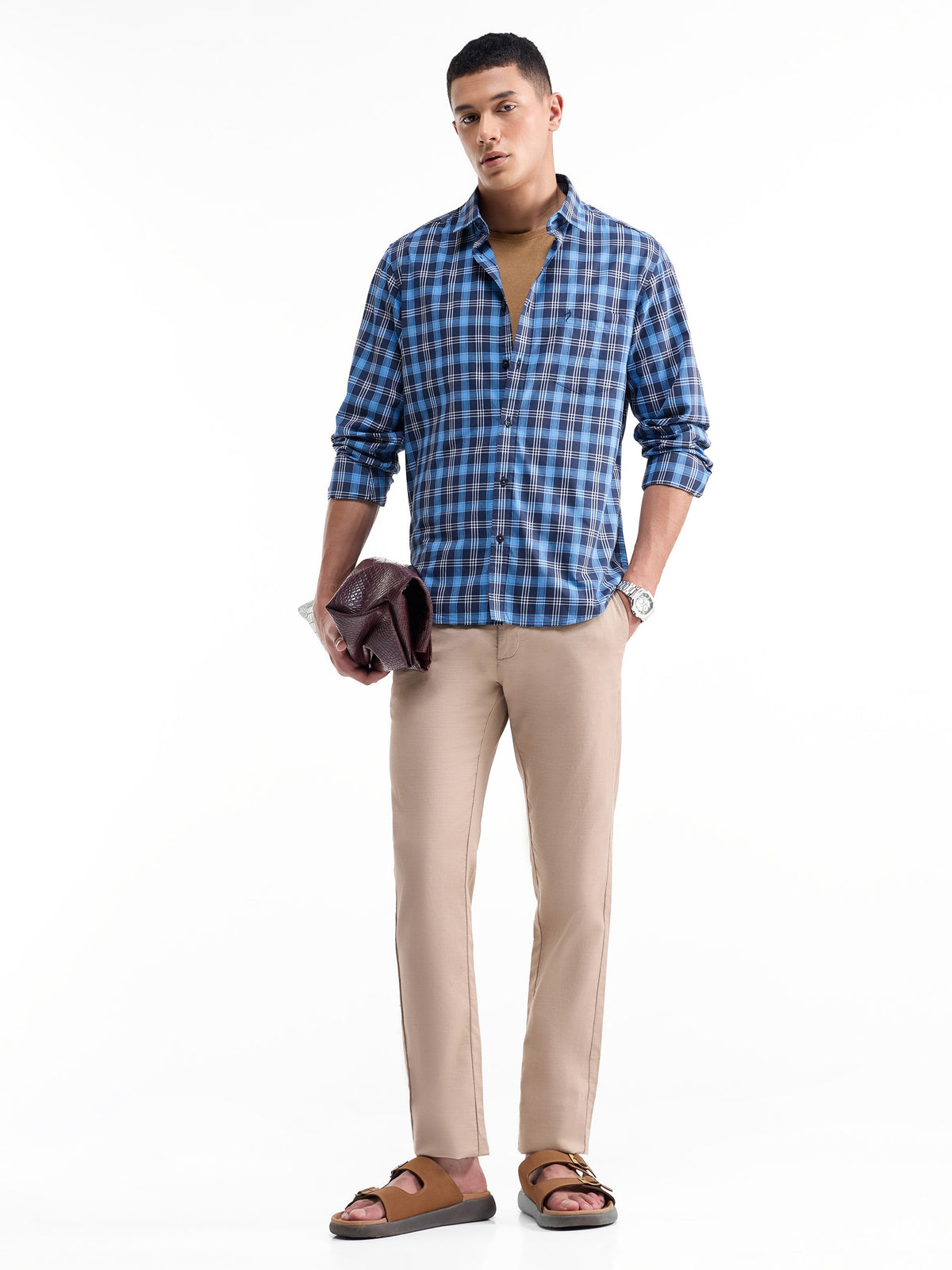 Check Full Sleeve Cotton Viscose Shirt - Blue t4option_0