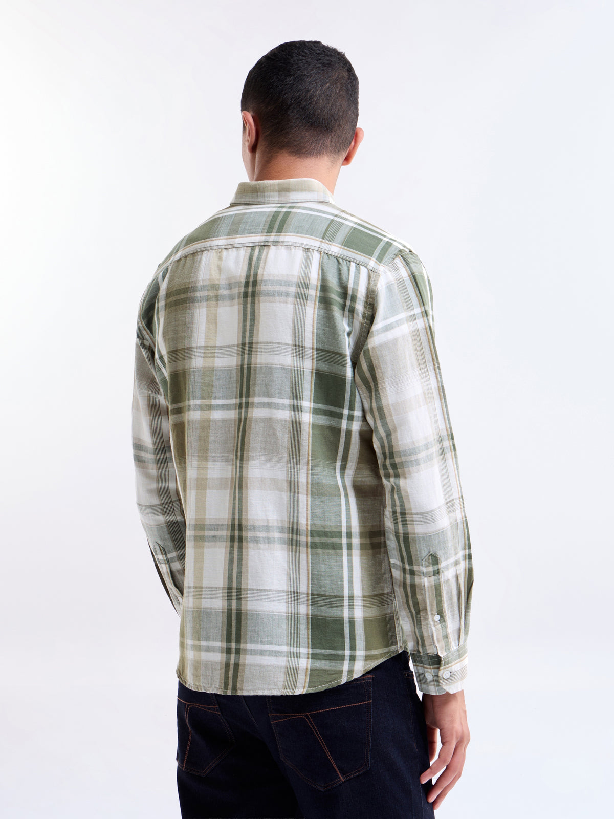 Check Full Sleeve Cotton Linen Shirt - Olive t4option_0