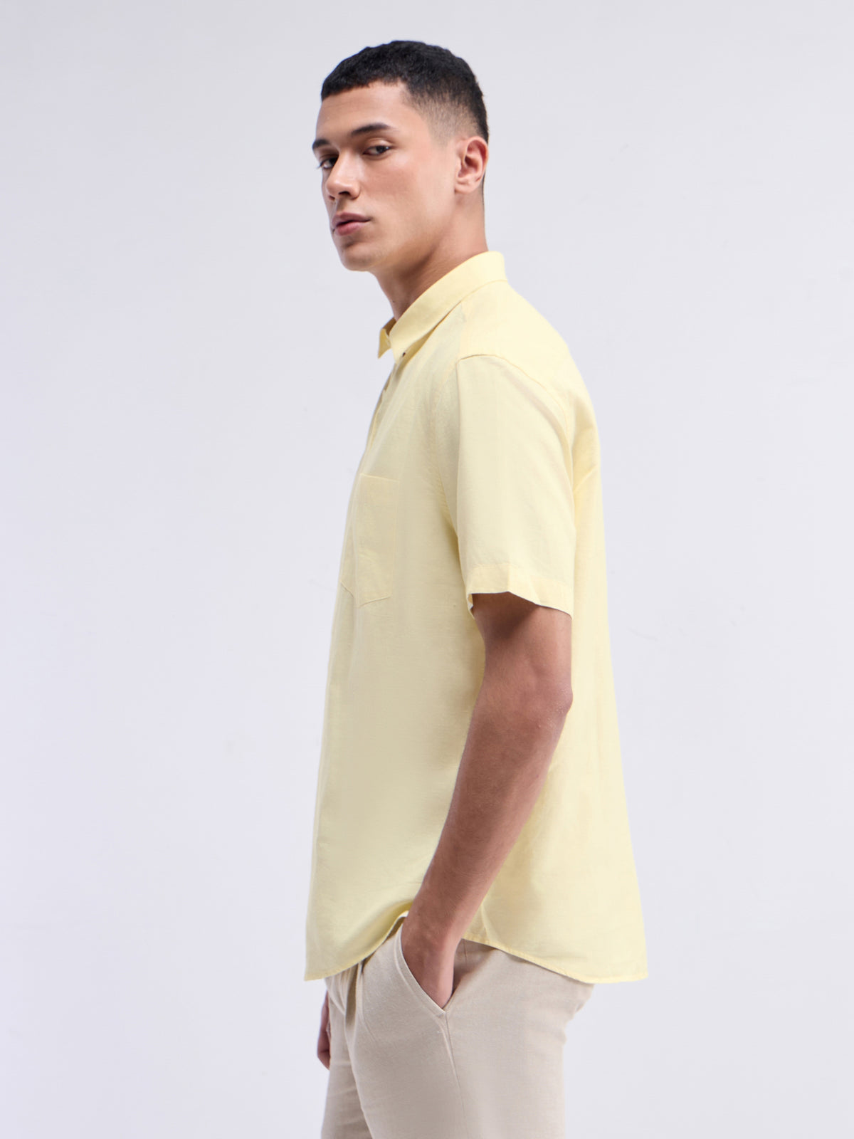Solid Half Sleeve Cotton Blend Shirt - Yellow t4option_0