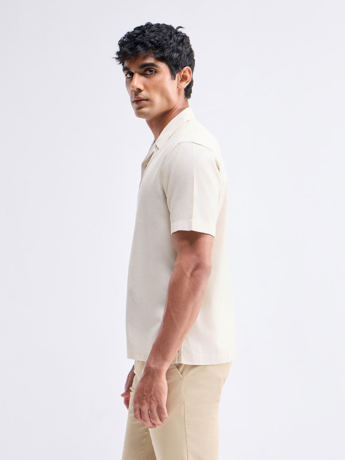 Solid Half Sleeve Cotton Shirt - Beige t4option_0