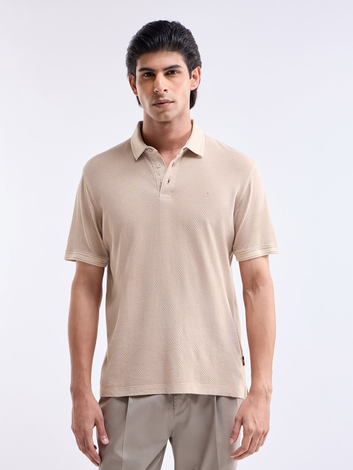Solid Half Sleeve Regular Fit Polo T-Shirt - Beige t4option_0