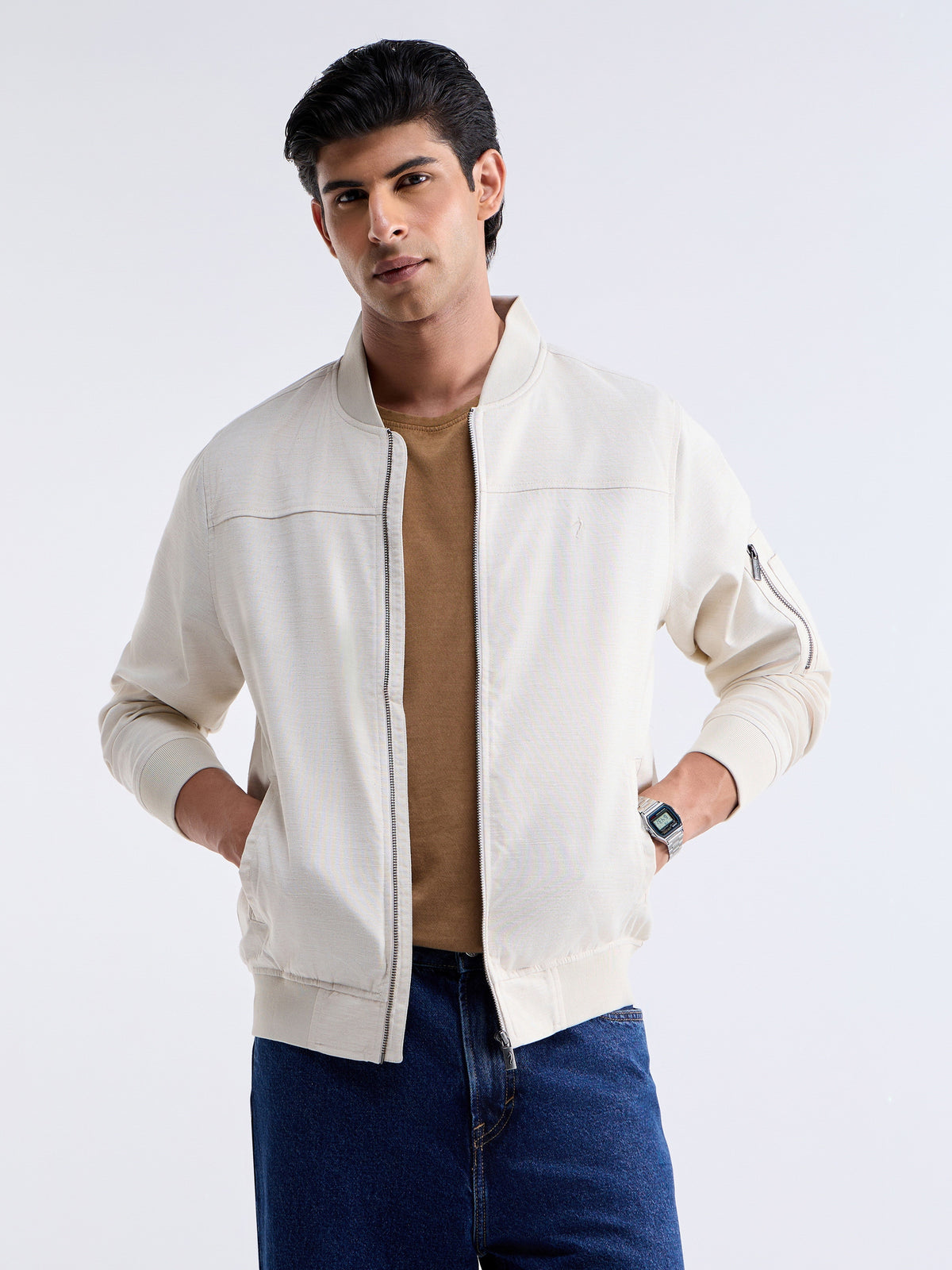 Solid Full Sleeve Bomber Jacket - Natural t4option_0