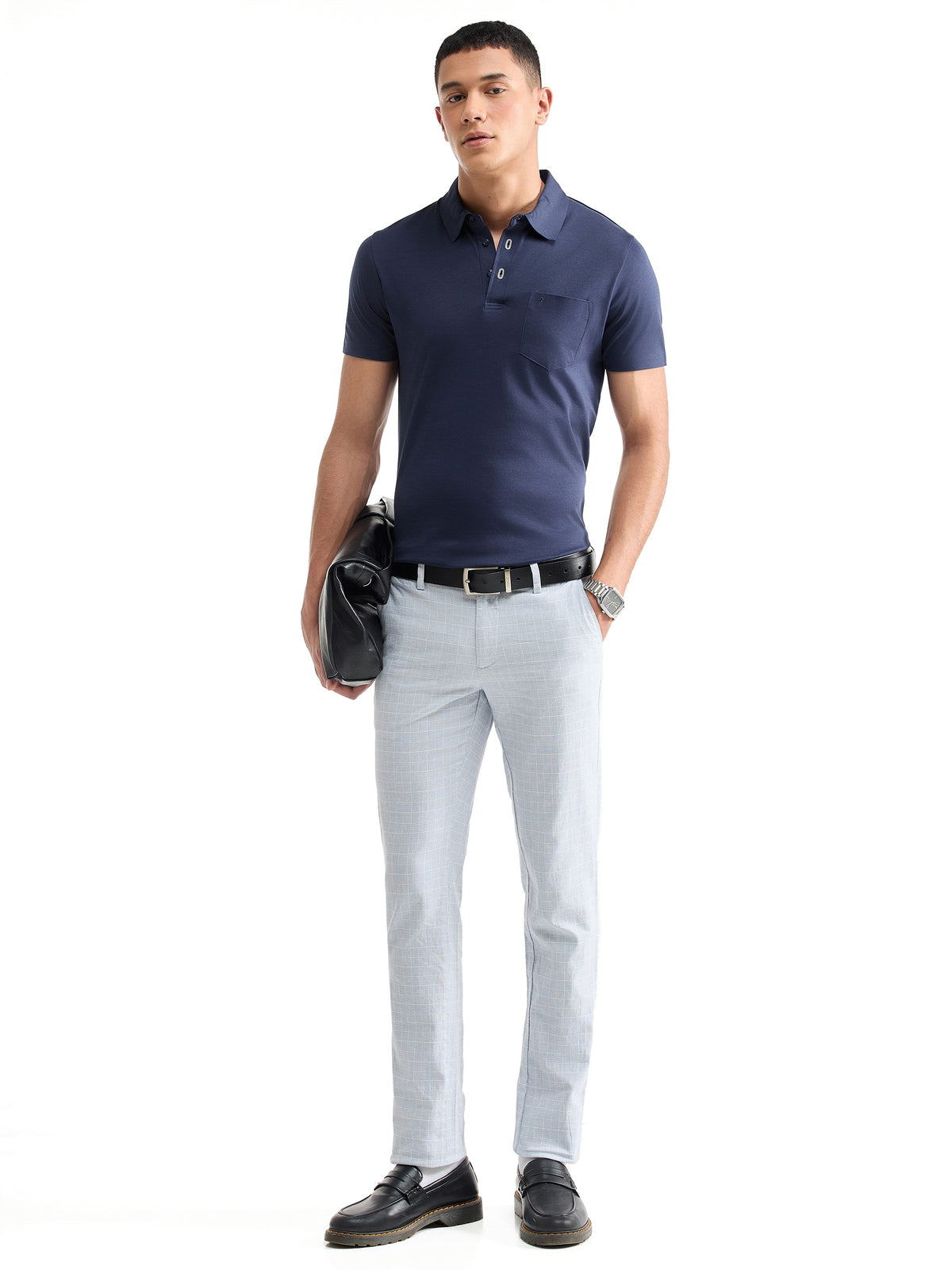 Check Slim Fit Cotton Poly Trouser - Sky t4option_0