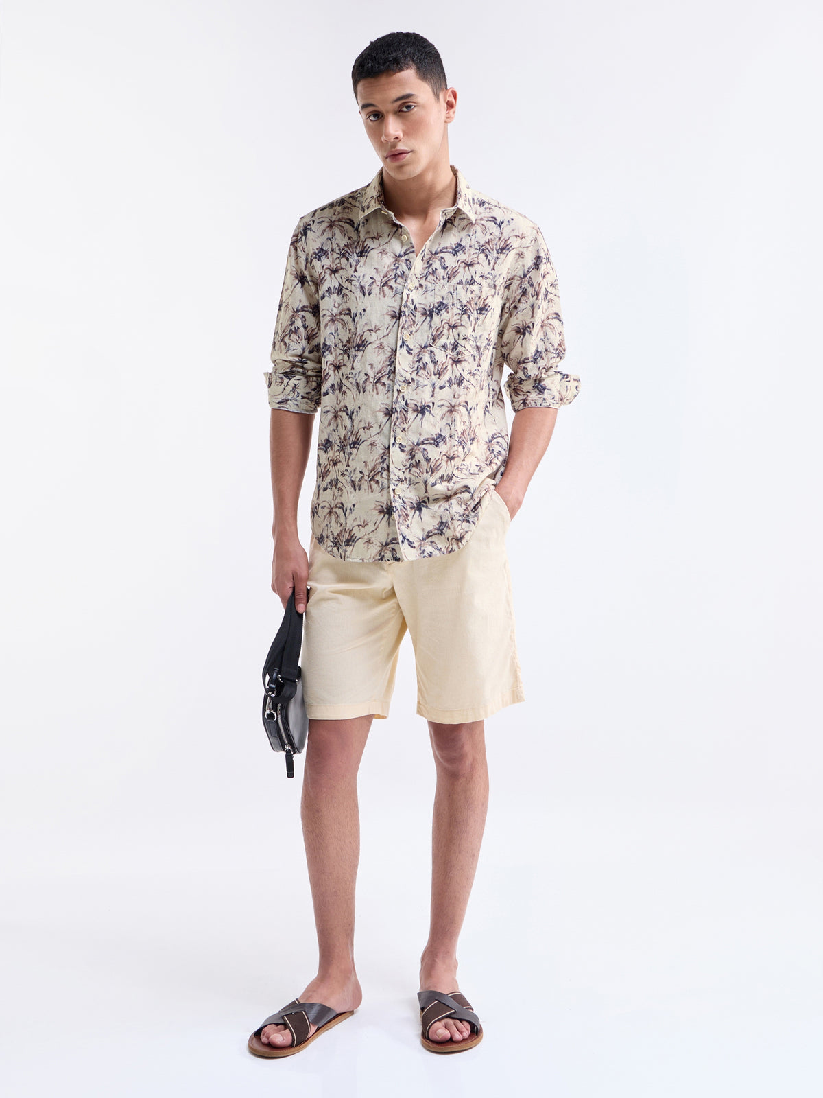 Printed Full Sleeve Cotton Linen Shirt - Choco t4option_0