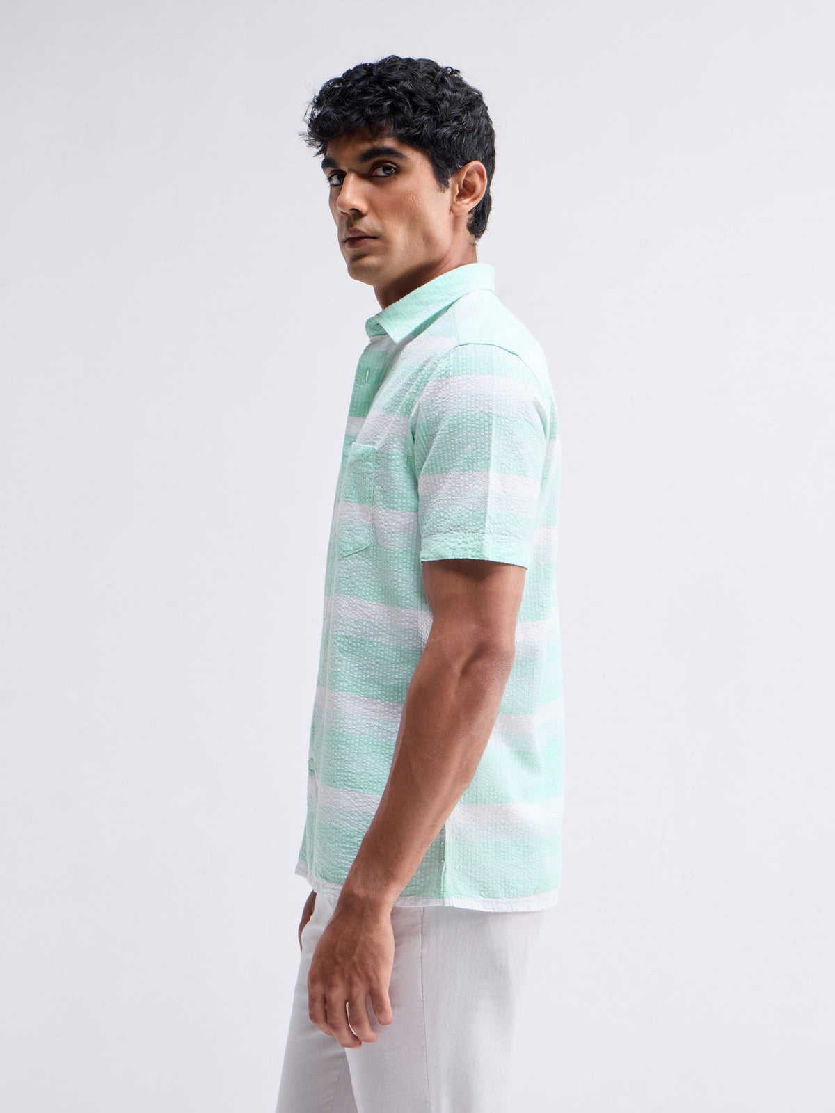 Striped Half Sleeve Cotton Shirt - Aqua t4option_0